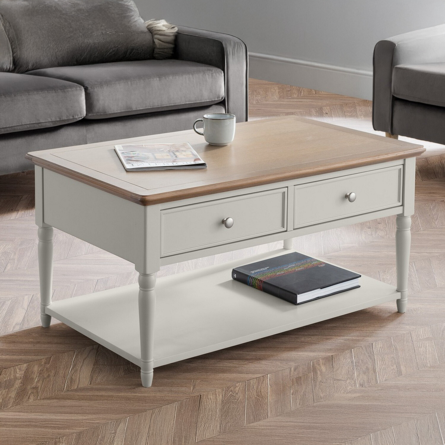 Julian Bowen Provence 2 Drawer Coffee Table - Limed Oak And Grey