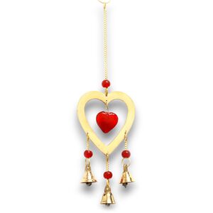 Indian Chimes Brass With Ruby Glass Heart Beads 3 Bells Gold