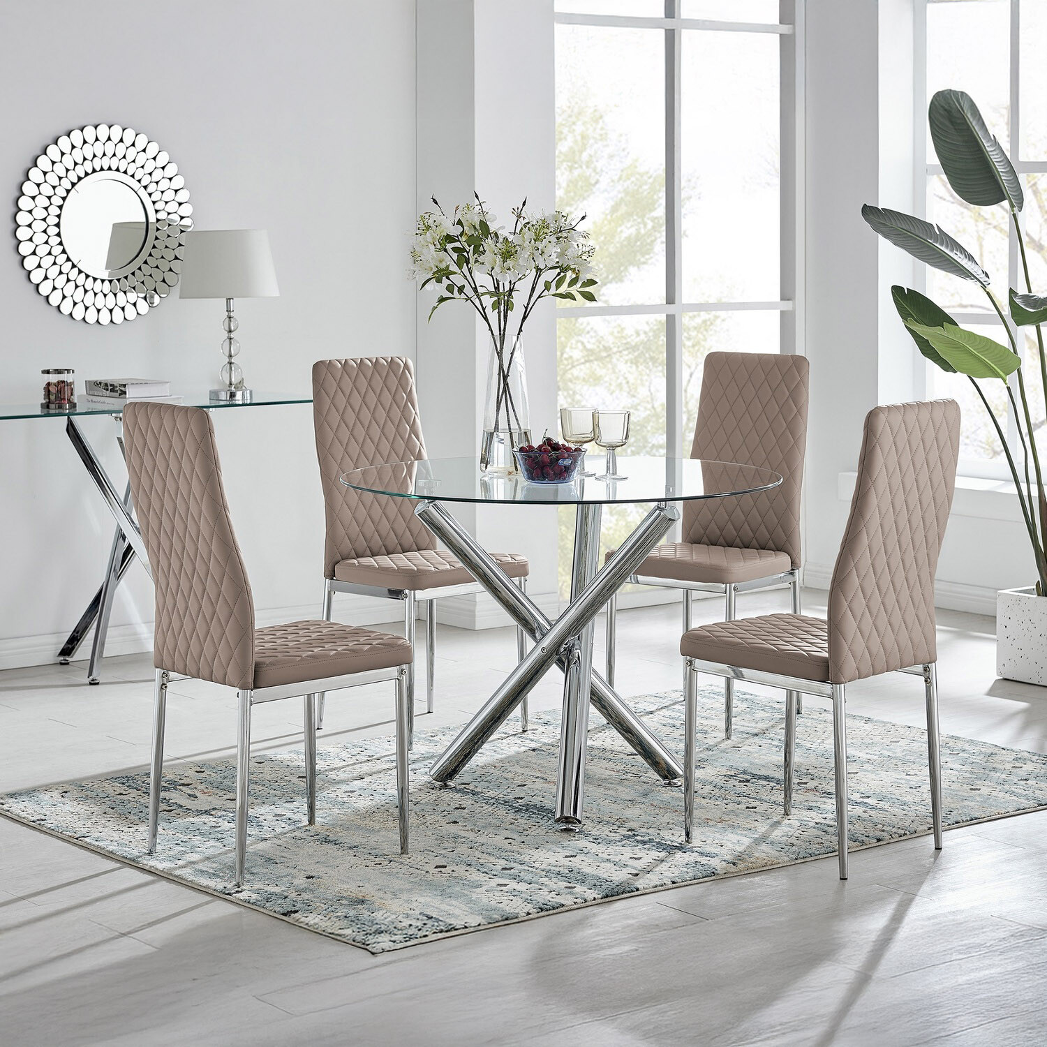 Furnitureboxuk Selina Chrome Round Glass Dining Table With Four Milan Dining Chairs - Cappuccino
