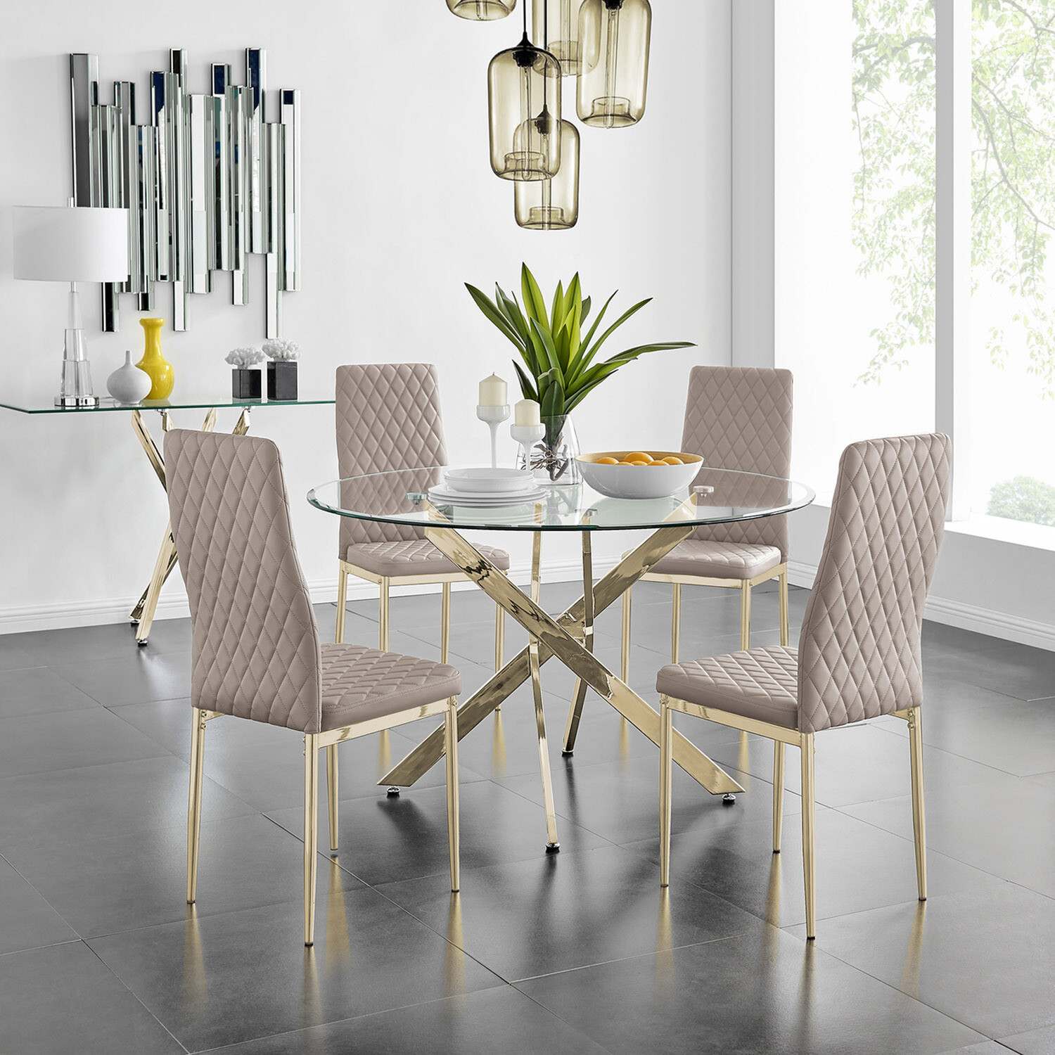 Novara Gold Round Dining Table With Four Gold Leg Milan Chairs - Cappuccino