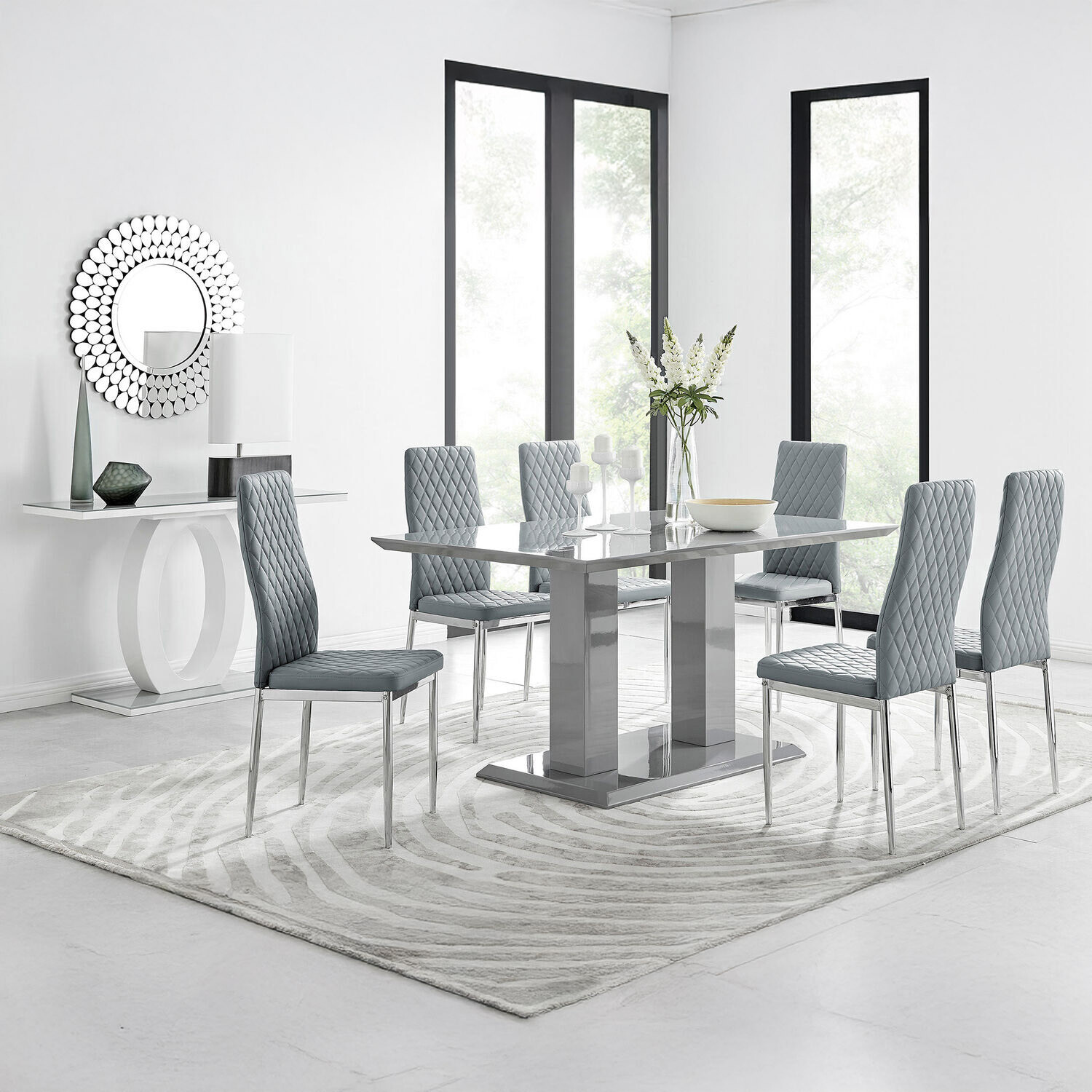 Furnitureboxuk Imperia Grey Modern High Gloss Dining Table And 6 Milan Dining Chairs Set - Grey