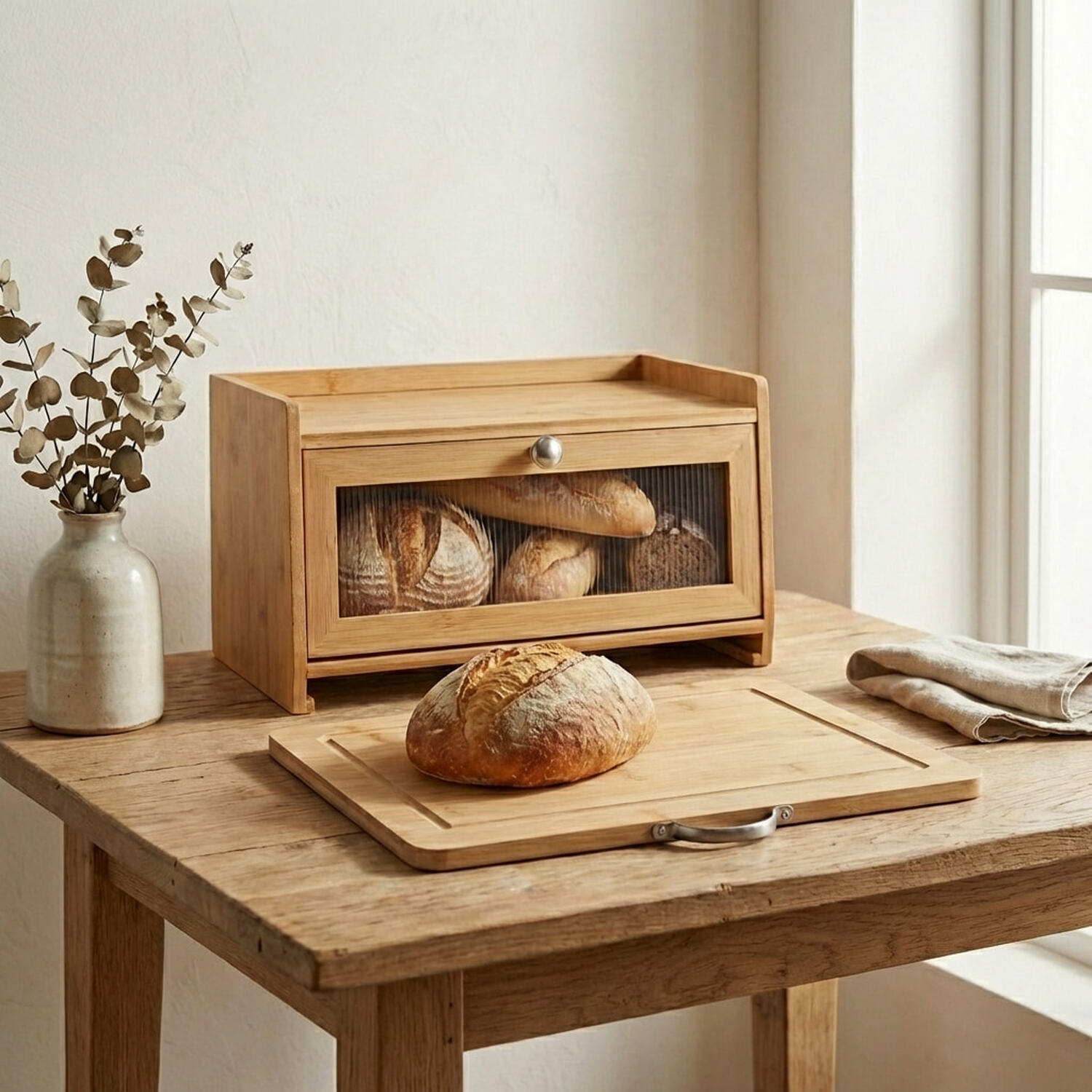 Bamboo Bread Box with Cutting Board Fluted Panel