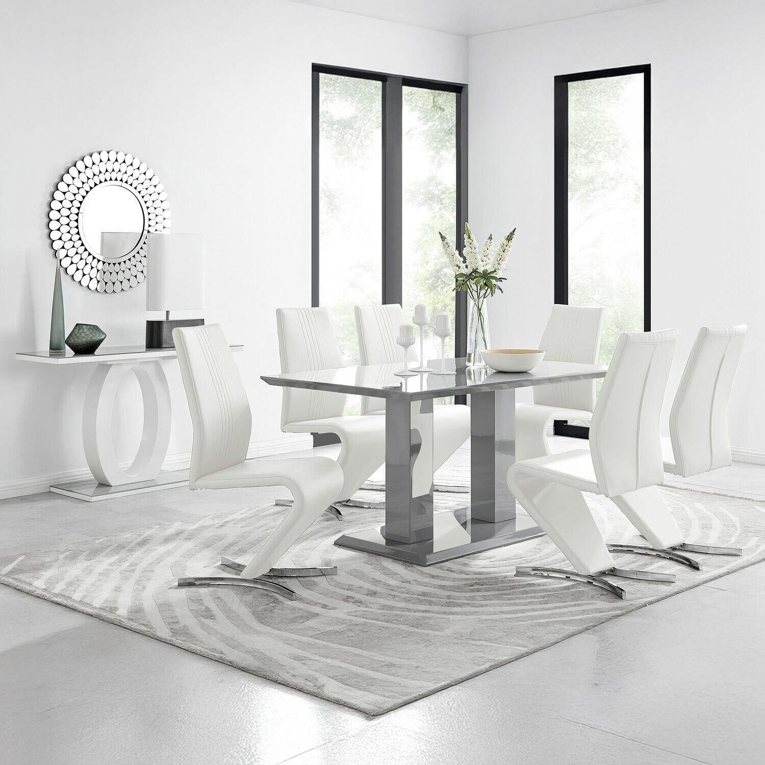 Imperia Grey High Gloss Dining Table with 6 Willow Chairs - White