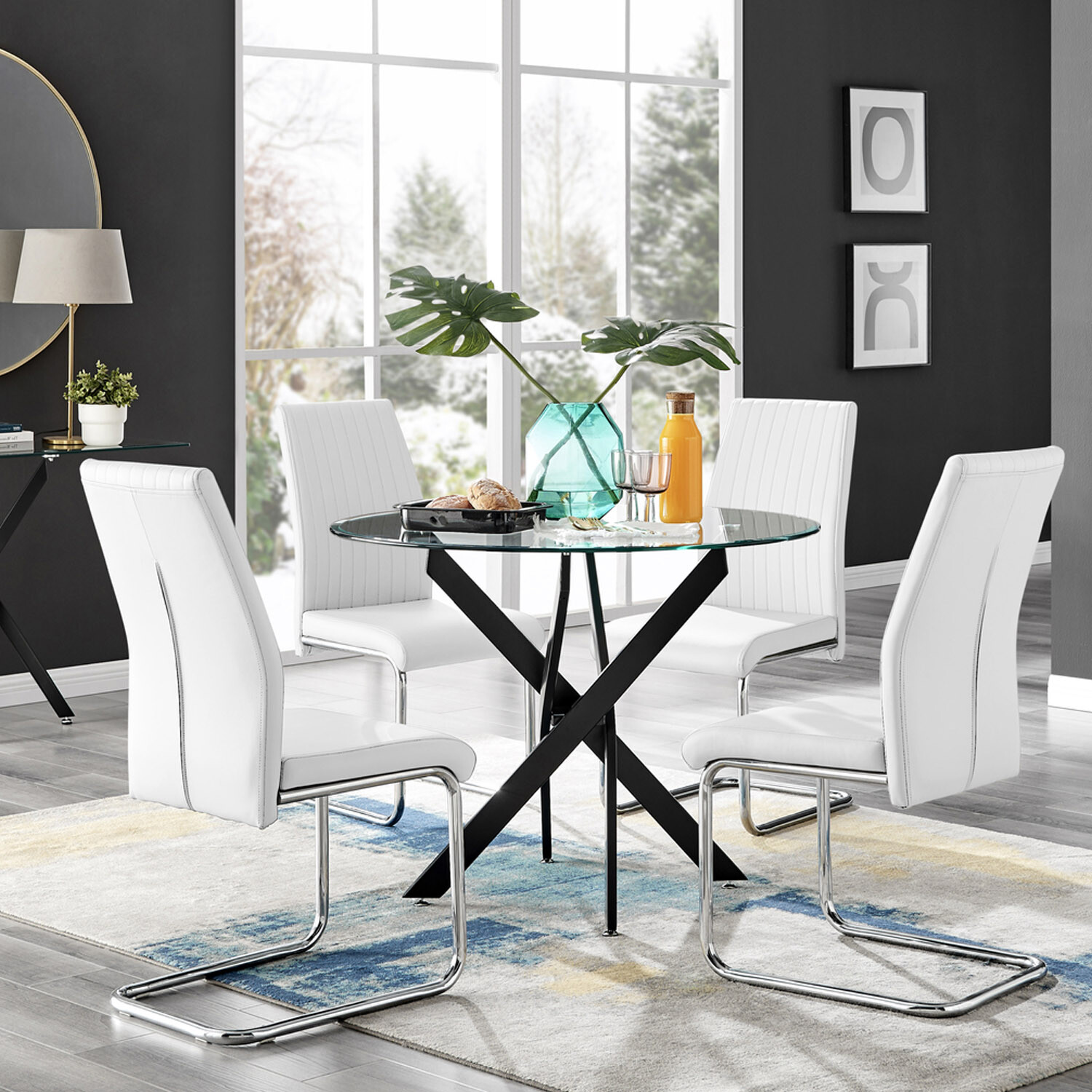 Furnitureboxuk Novara Round Glass Dining Table With Four Lorenzo Chairs - White