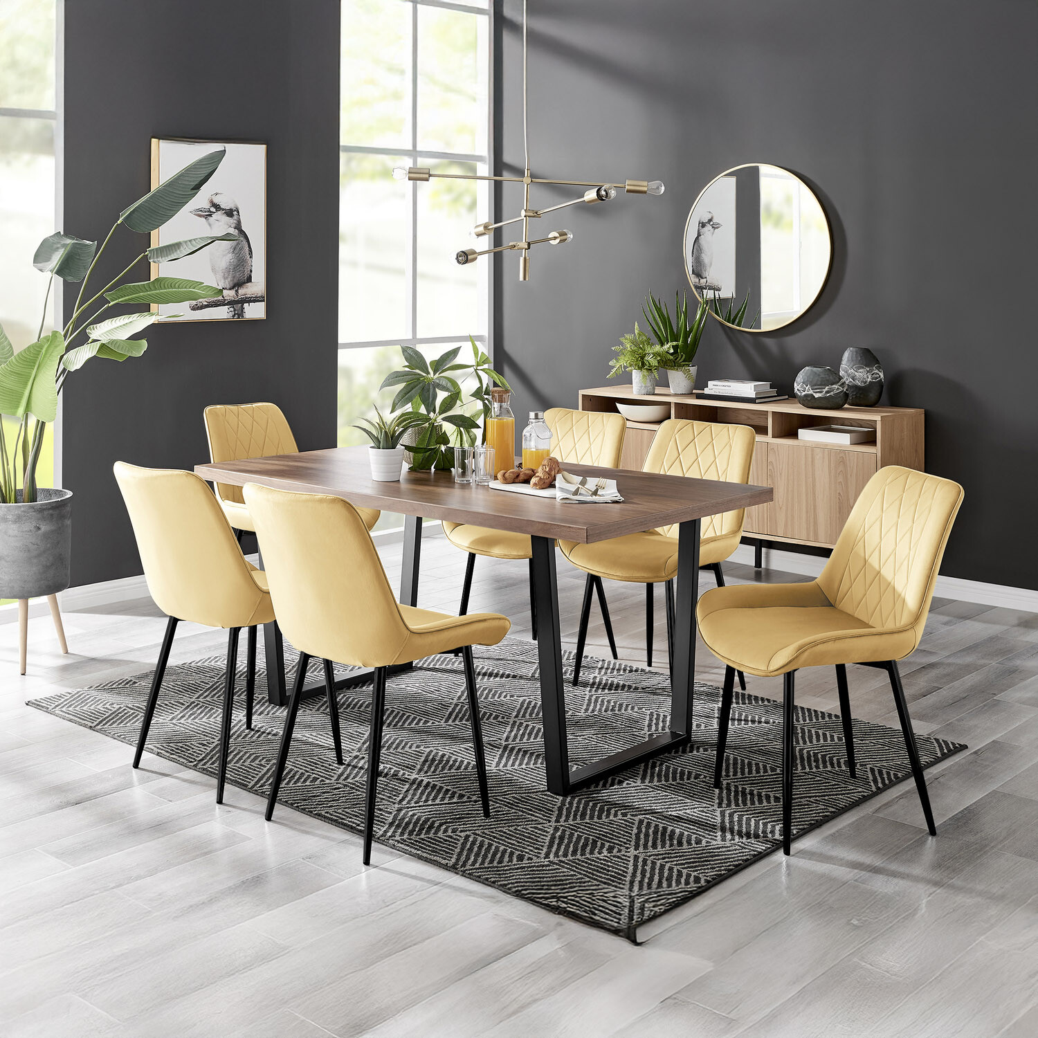Furnitureboxuk Brown Kylo Dining Table And 6 Pesaro Chairs Wood Effect Black Legs - Mustard