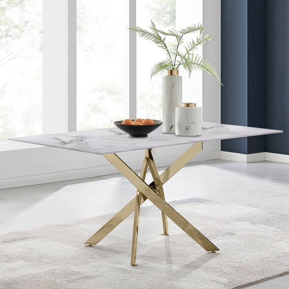 Leonardo Dining Table 6 Seat White Glass Marble Top Gold Legs