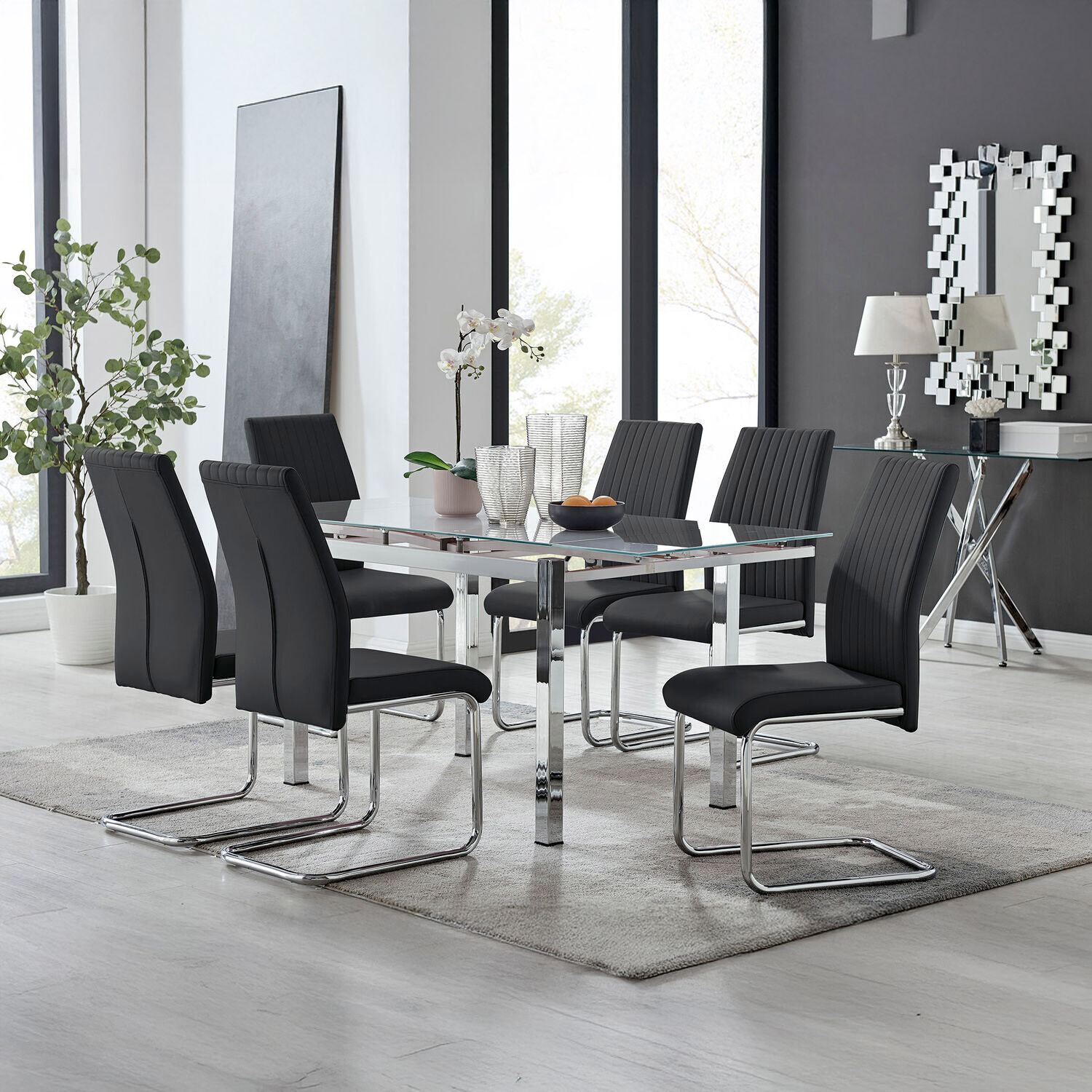 Enna White Glass Extending Modern Kitchen Dining Table and 6 Lorenzo Chairs