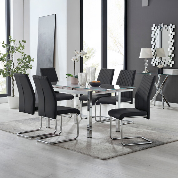 Enna White Glass Extending Modern Kitchen Dining Table and 6 Lorenzo Chairs