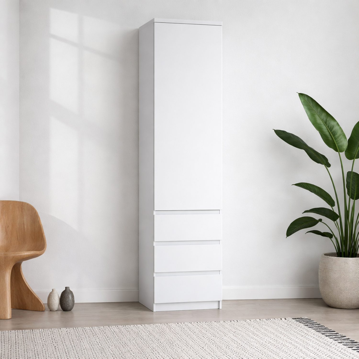 Wyld Haus Hemingway Tall Narrow White Gloss Wooden Cabinet 1 Door 3 Drawers - White