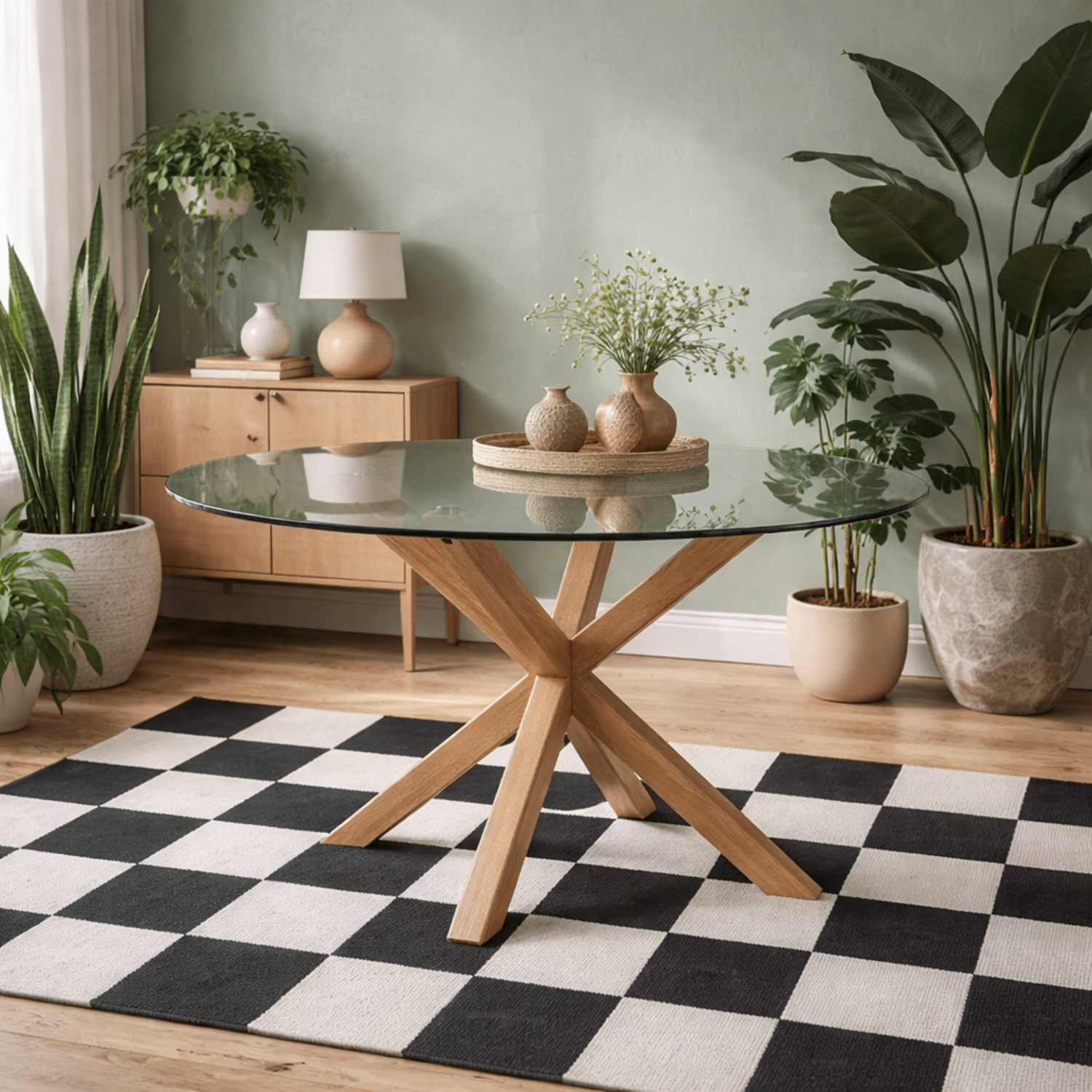 Perth 119cm Clear Glass Round Dining Table with Oak-Effect Legs - Clear