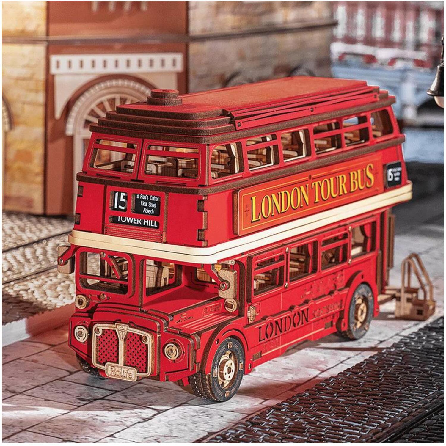 Robotime London Tour Bus Wooden Puzzle 245 Pieces - Red - Image 1
