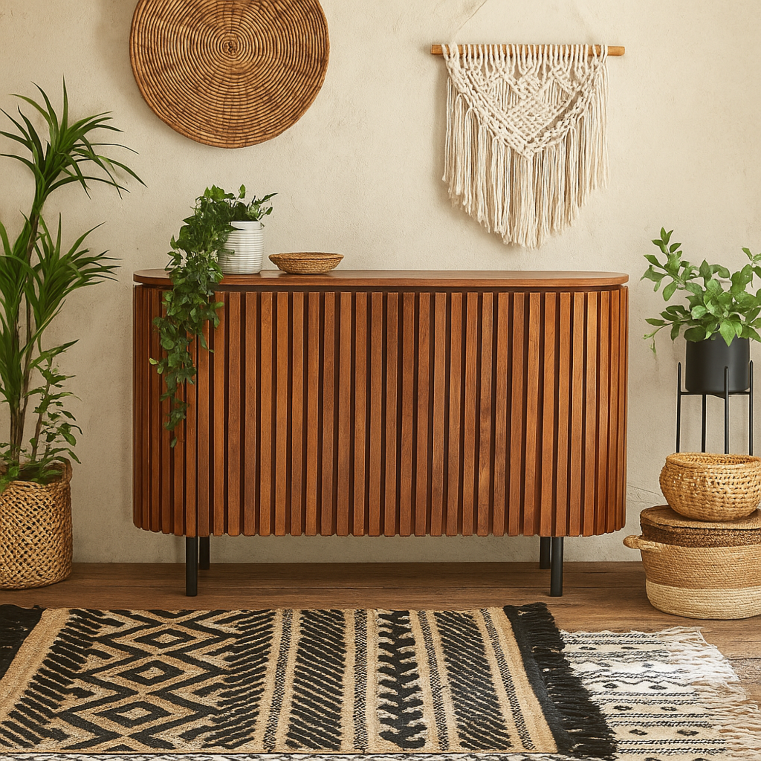 California Slatted Mango Wood 2 Door Sideboard - Brown