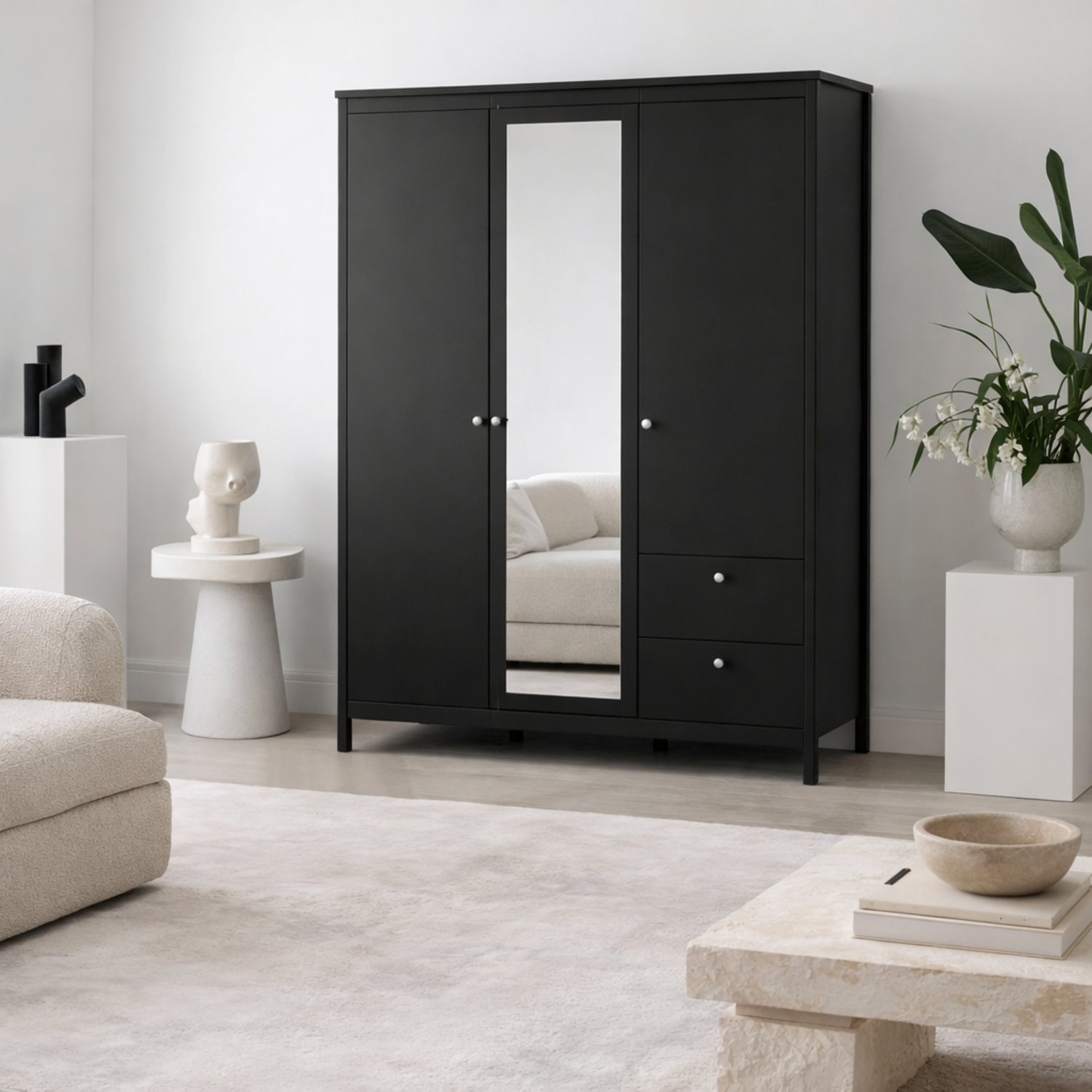 Gossmere Matt 3 Door Wardrobe with Mirror and 2 Drawers - Black