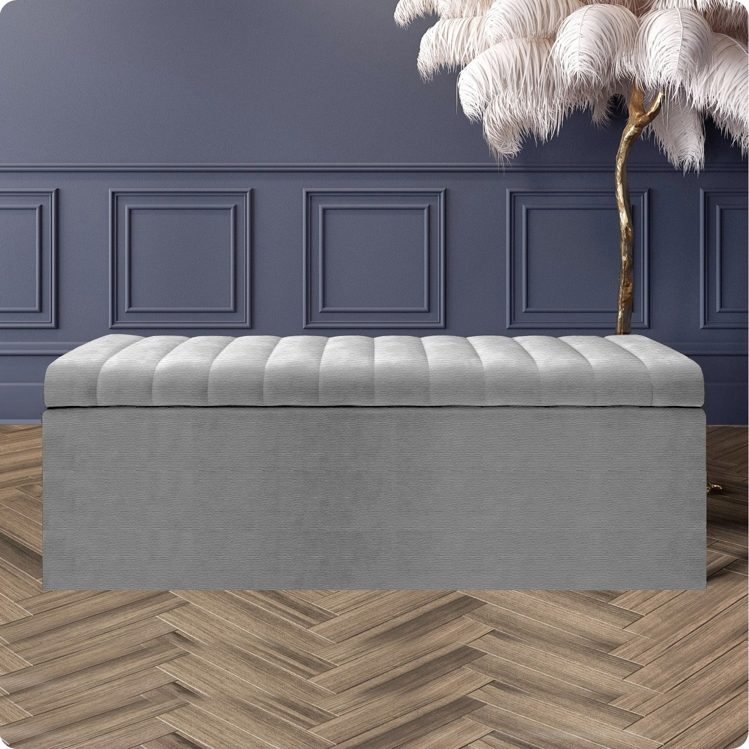 R&M Furnishers Safar Naples Ottoman Storage Box, Cream Striped Upholstered Blanket Chest & End Of Bed Bench - Grey Naples