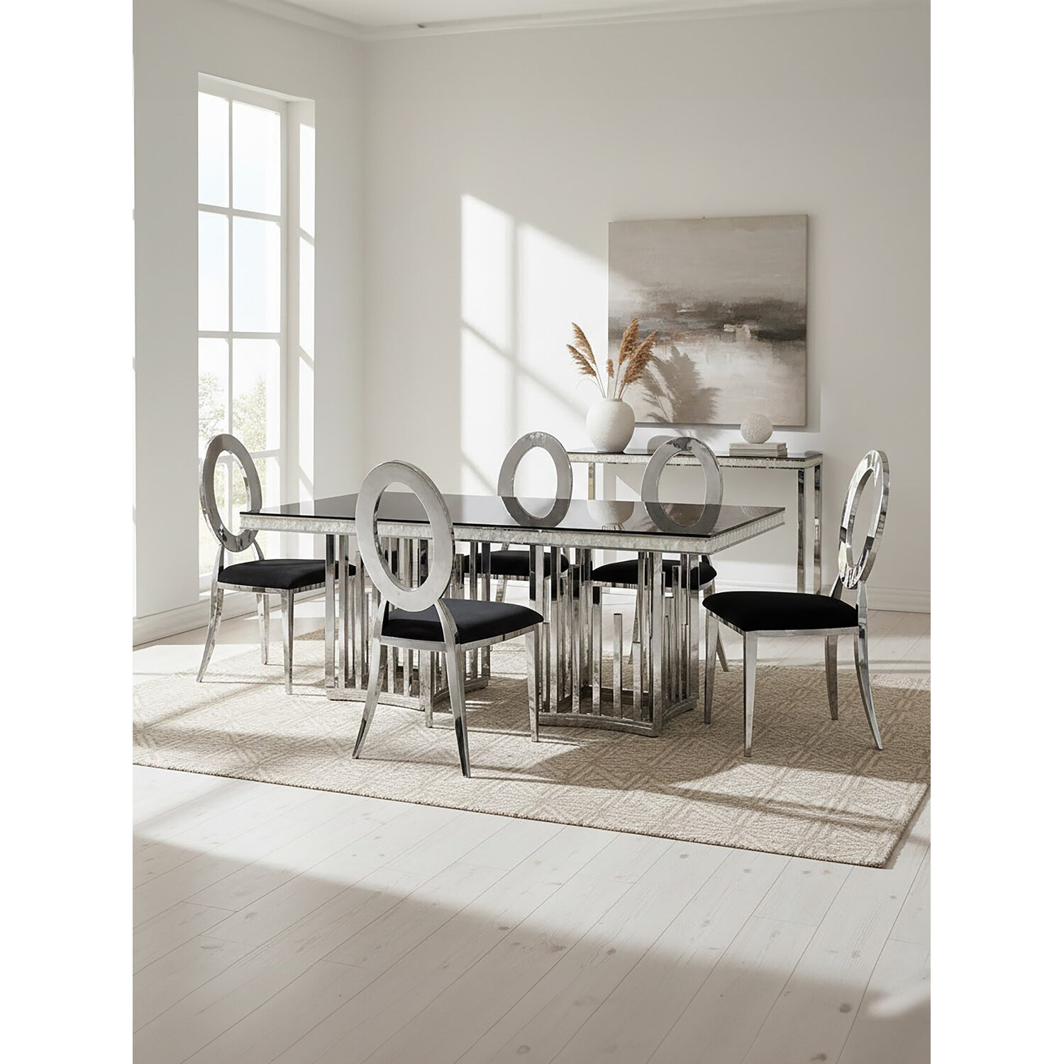 Eliza Silver Finish Dining Table With Black Glass Top - Silver
