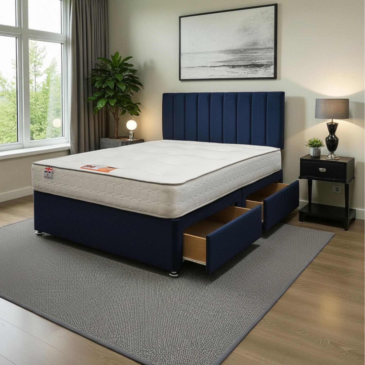 Paris Plush Bed Set With Mattress 2 Drawers Same Side 24 Headboard - Navy Superking