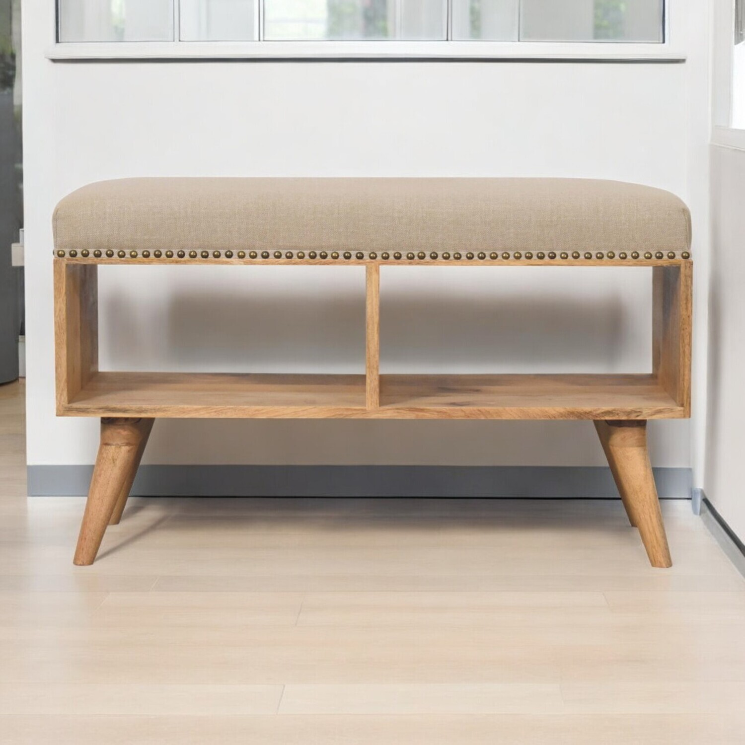 Solid Wood Upholstered Open Bench - Beige