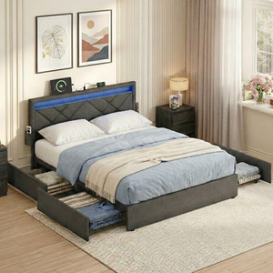 King Platform Bed with Storage Drawers, LED Headboard