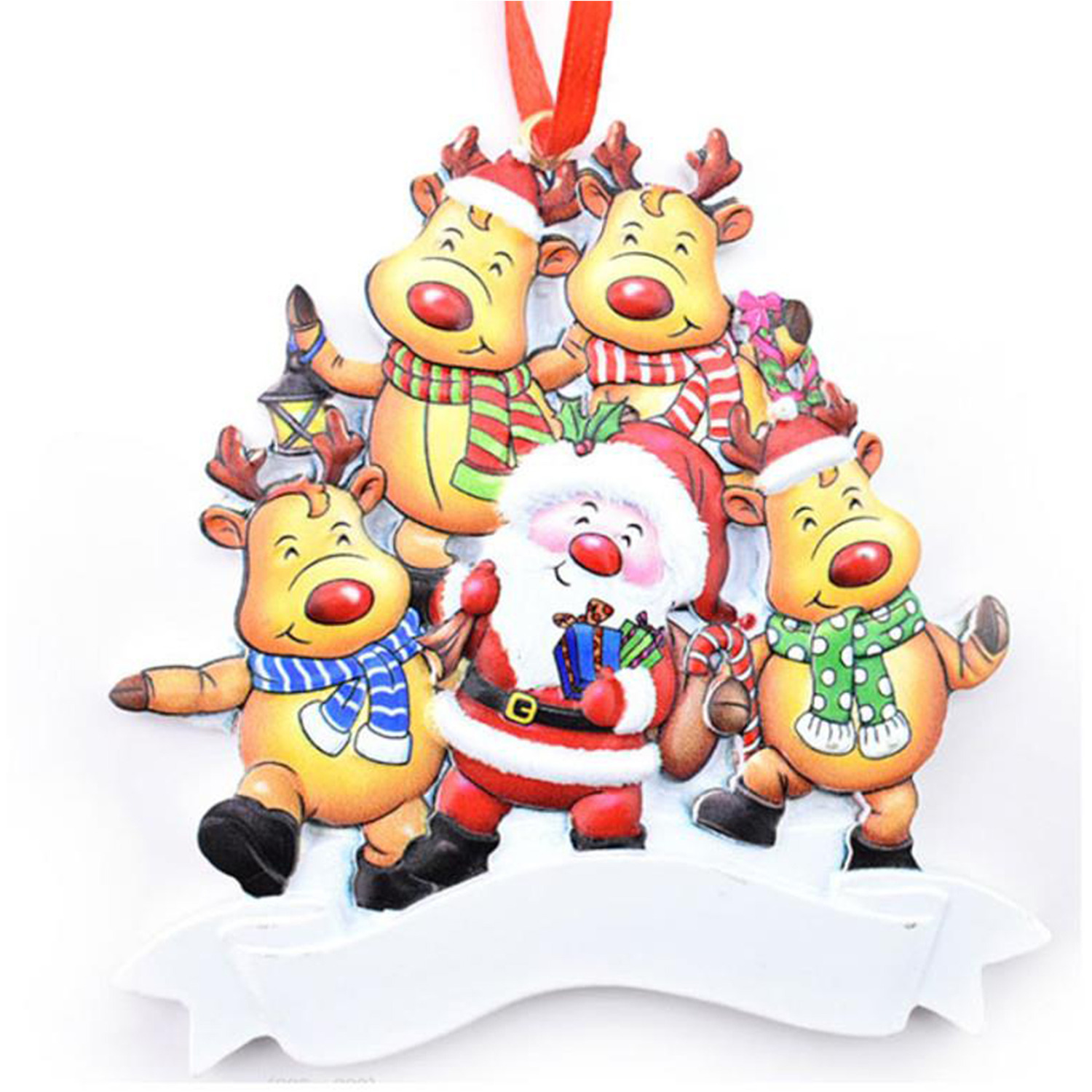 Santa and Reindeer Christmas Tree Ornament - Yellow / Family of 5