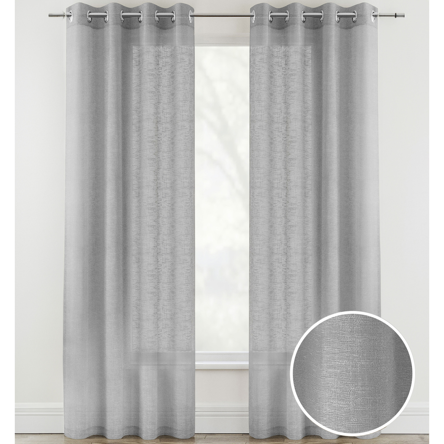 Pair of Crete Silver Plain Linen-Look Sheer Voile Panels - Silver / 183cm