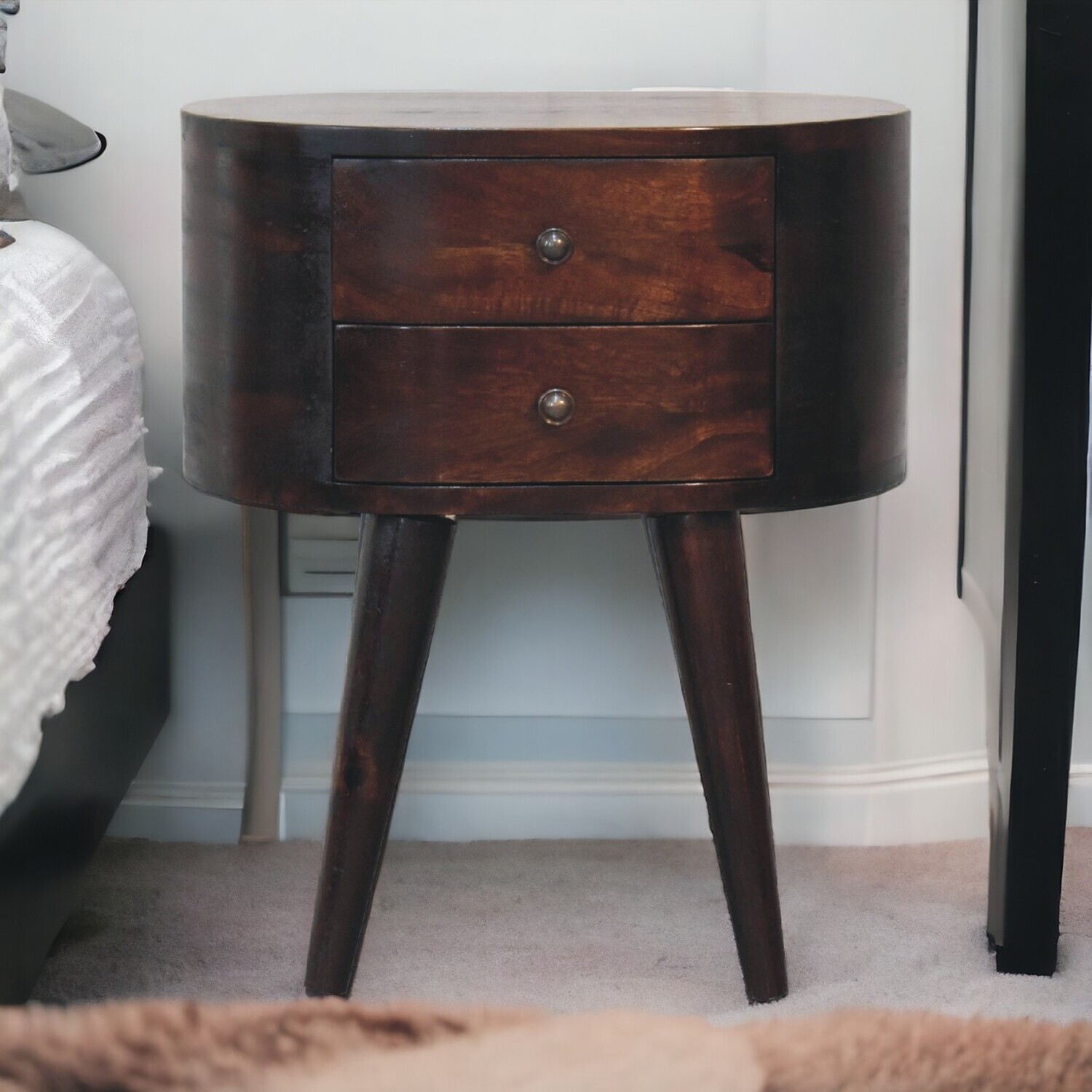 Artisan Furniture Solid Wood Light Walnut Rounded Bedside Table, 2 Drawers, Brown, Brown