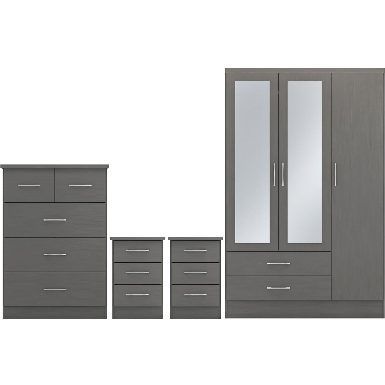 Nevada 3 Door 2 Drawer Mirrored Wardrobe Bedroom Set - 3d Effect Grey