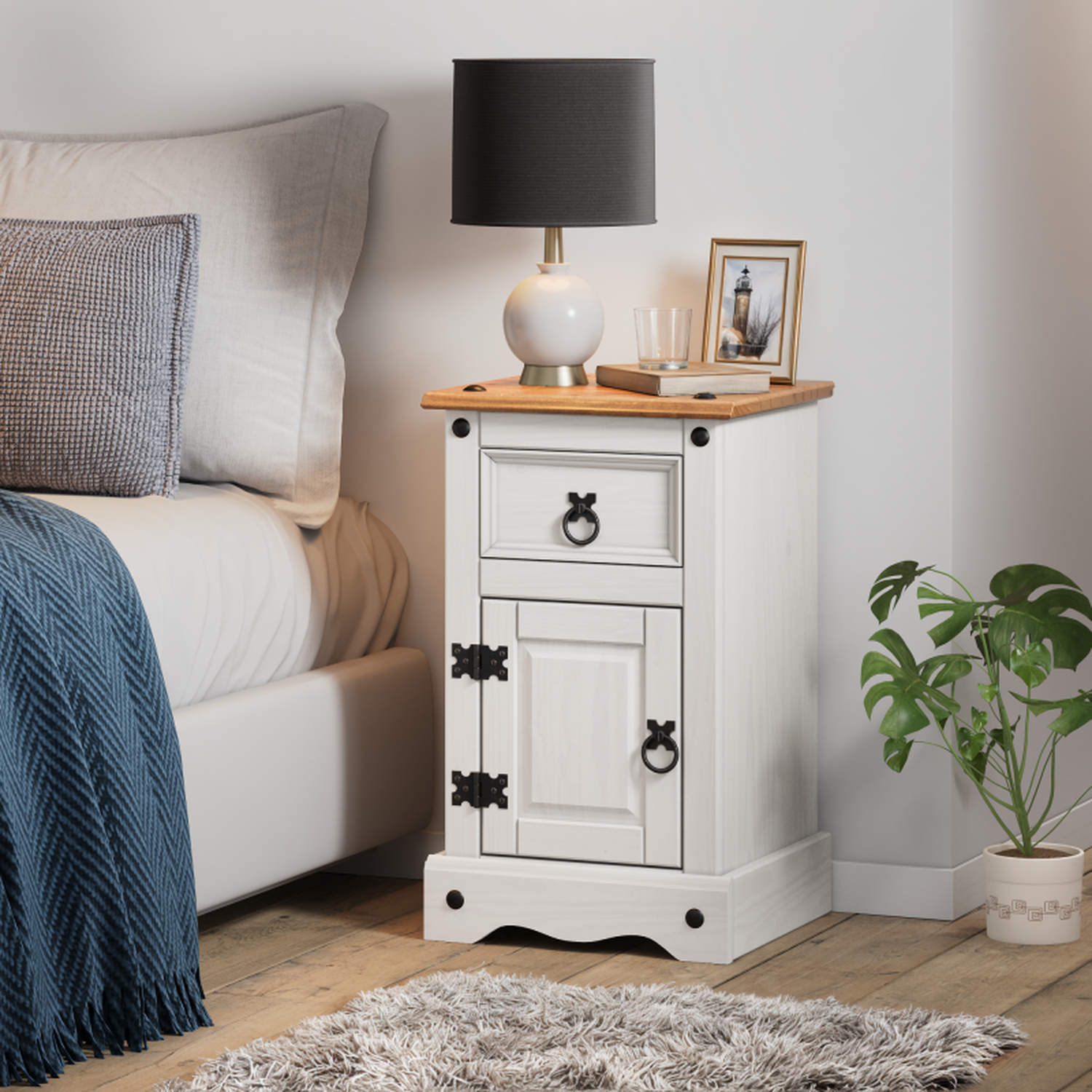 Corona Bedside Cabinet 1 Door 1 Drawer Narrow Pot Cupboard Wooden Pine Wood - Distressed White Wax