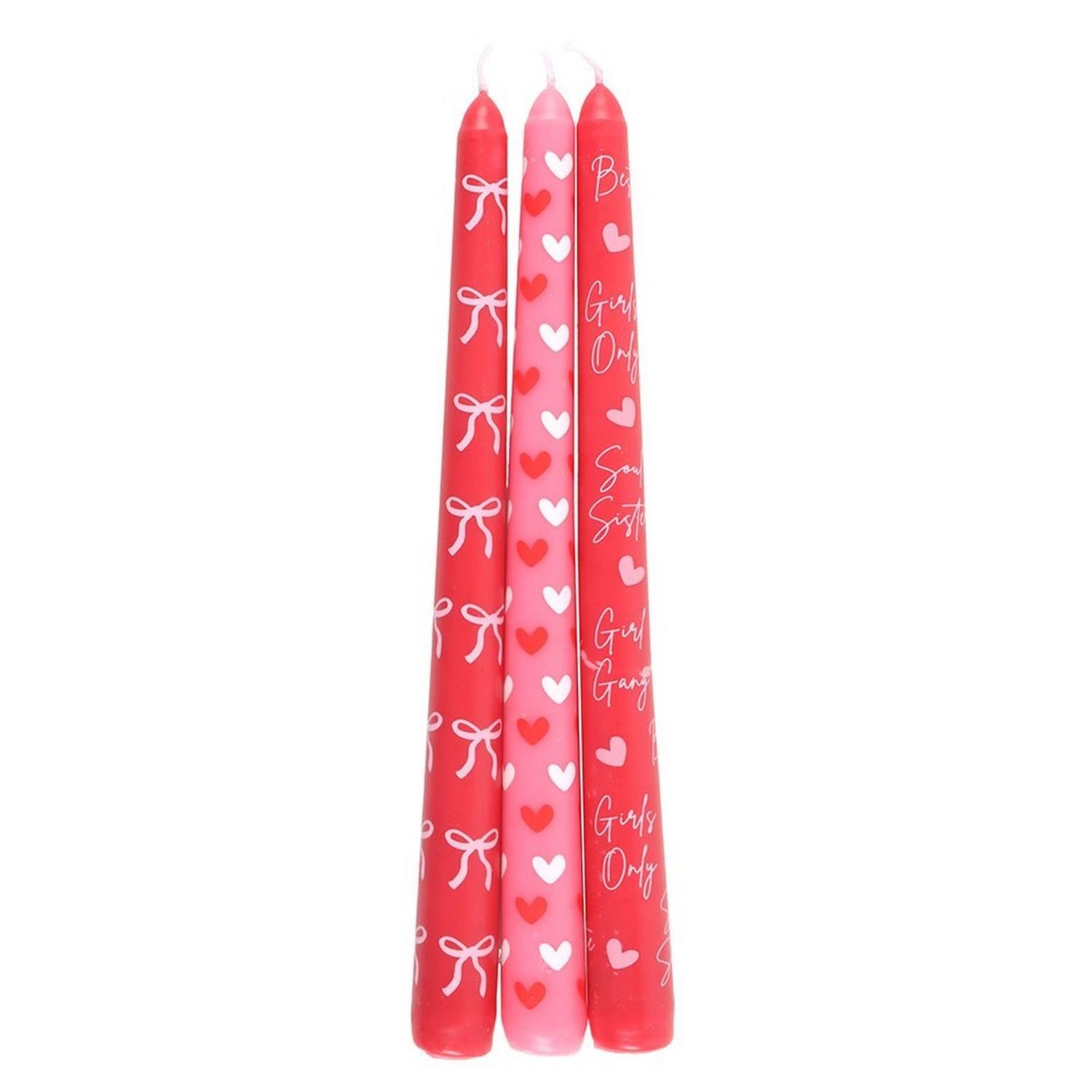 Something Different Girl Gang Bow And Heart Taper Candle (Pack Of 3) - Pink/Red