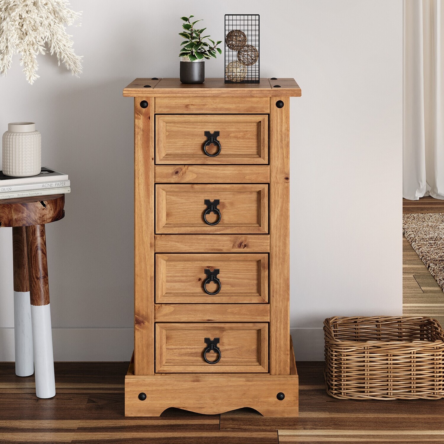 Mercers Furniture Corona Narrow 4 Drawer Bedside Table Chest Cabinet Solid Pine With Mexican Styling, Brown