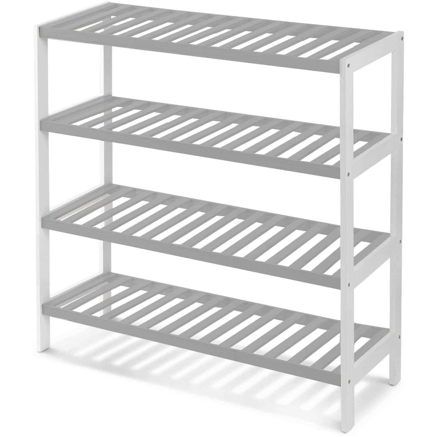 B&Q - 4 Tier Natural Bamboo Shoe Rack Easy Assembly & Strong Design Shelf OrganiserGrey And White - Image 1