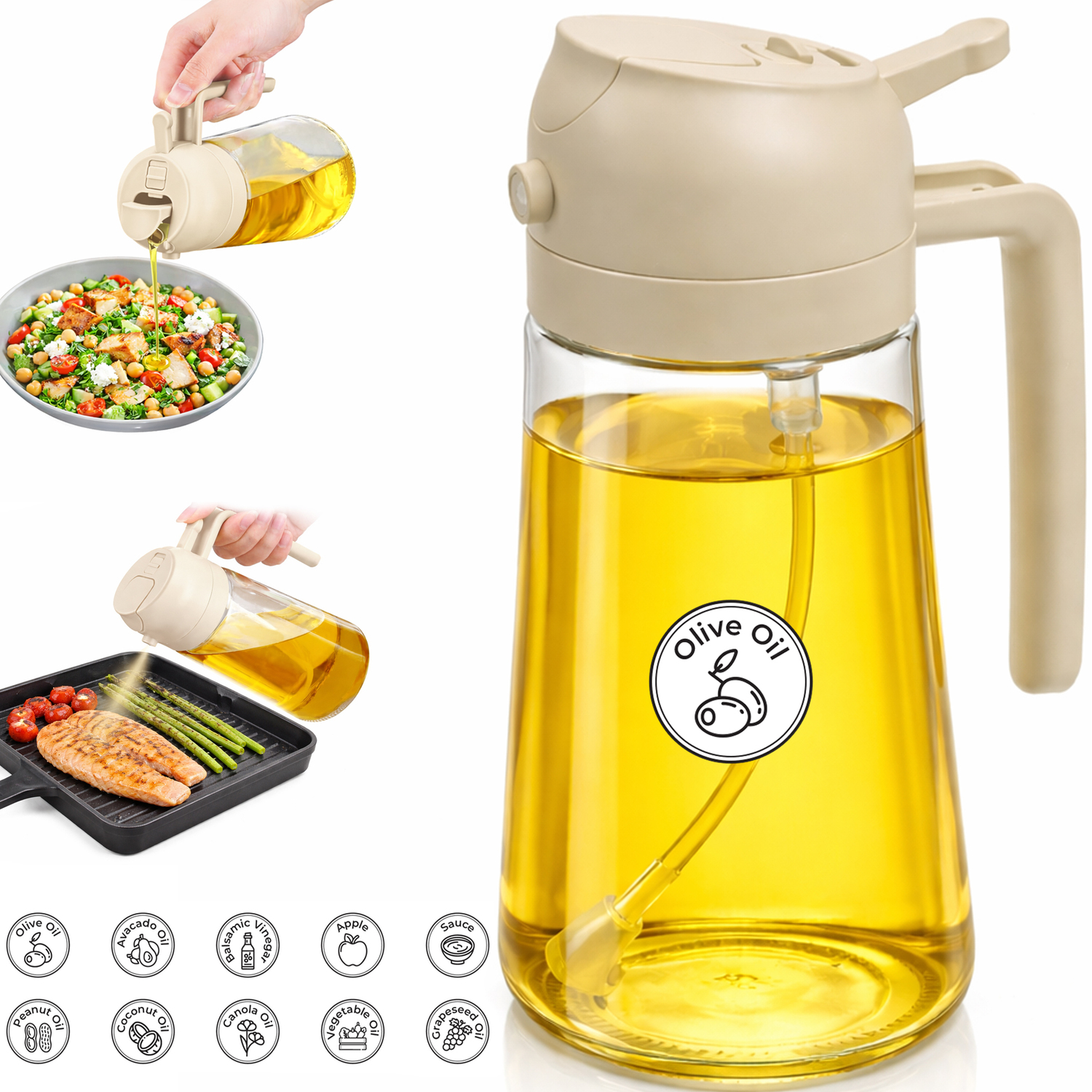 Innoteck 2 In 1 Oil Dispenser And Oil Sprayer Bottle 470Ml 16Oz Cooking Accessory - Beige