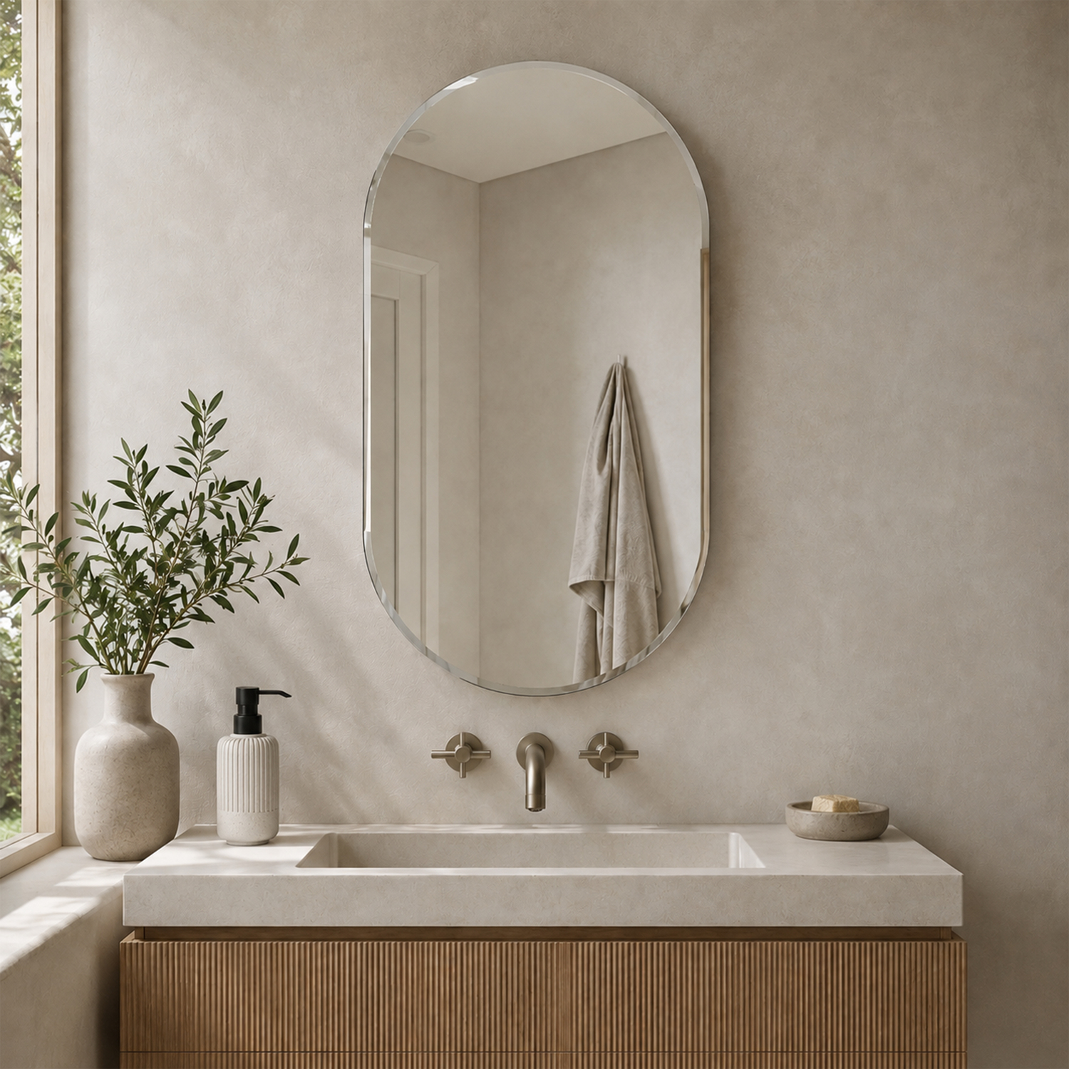 Archway Frameless Oval Wall Mounted Bathroom Mirror Bevelled Edge 80x40cm - Silver