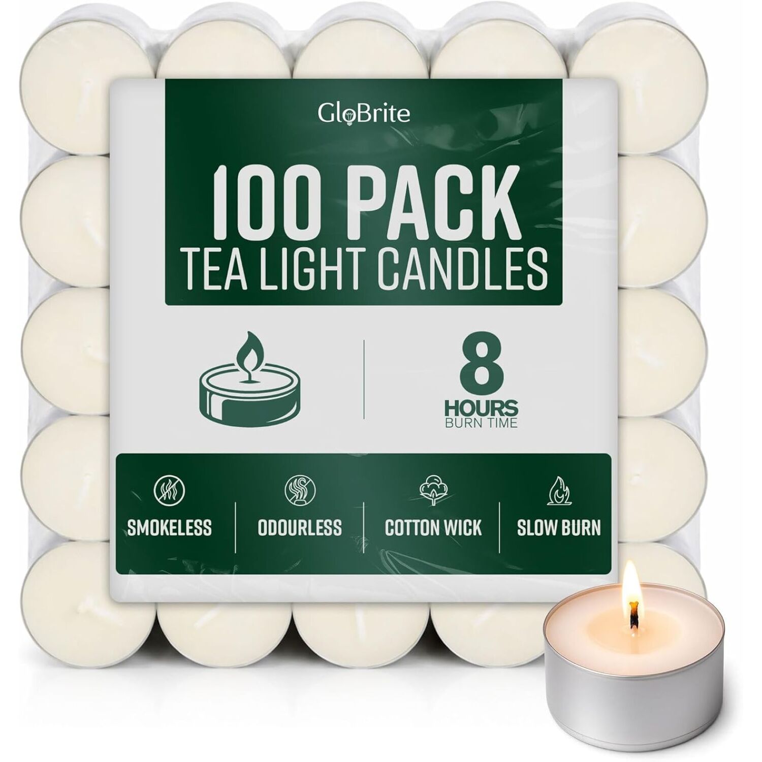 GloBrite Unscented Tea Lights – 8-Hour Long Burning Candles with Aluminum Cups for Home, Events & Decor (Pack of 100) - Image 2
