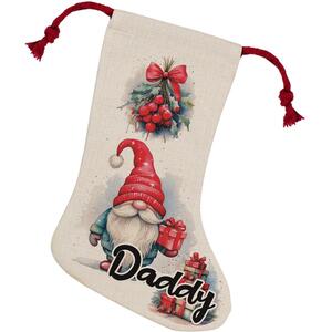Christmas Daddy Gonk Family Stocking - Novelty Xmas Gift - Linen-Style With Red Drawstring Ties