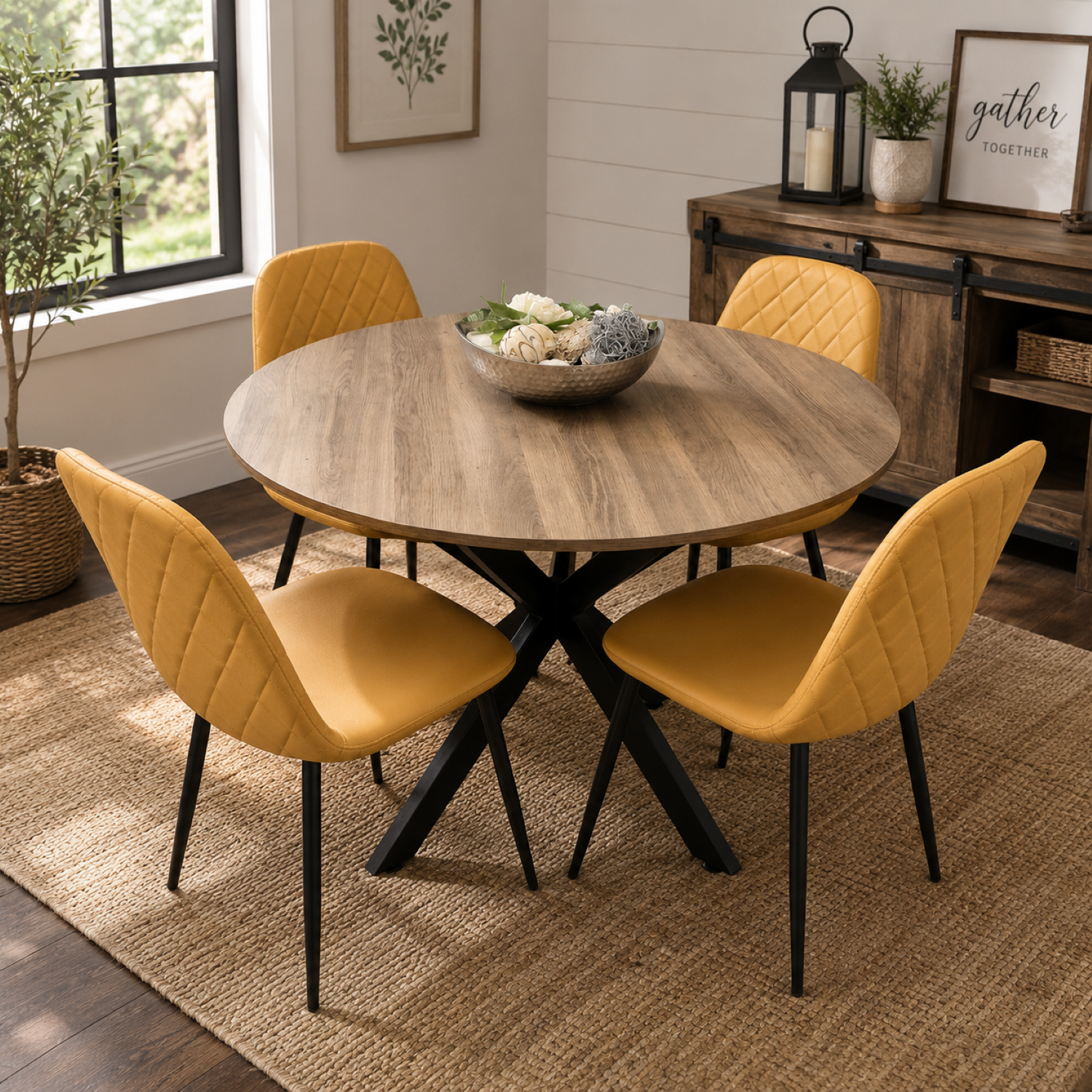 Kosy Koala Unisex Brown 4 Seater Round Dining Table W/ X Legs & 4 Mustard Chairs In - Image 2