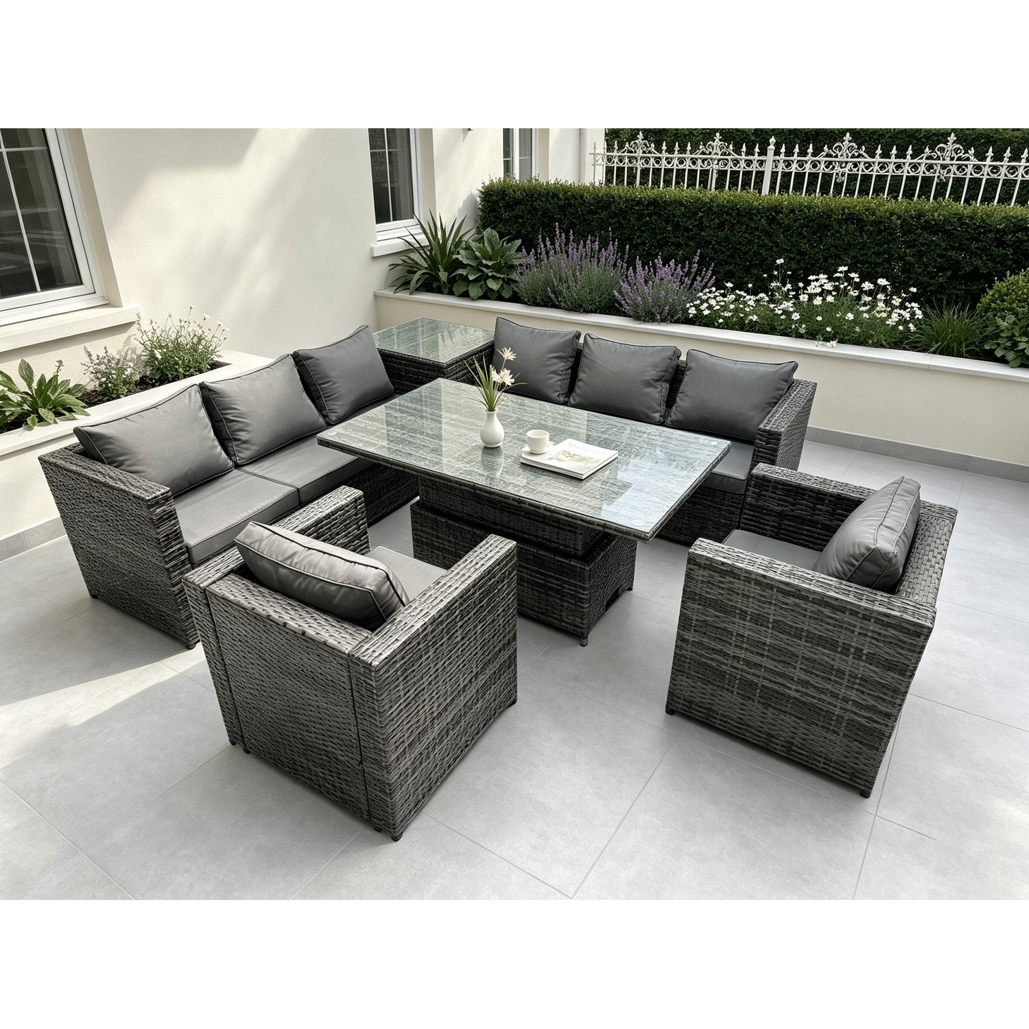 Rackhams 8 Seater Pe Rattan Corner Sofa Set With Rising Dining Table, Corner Side Table And 2 Arm Chairs - Image 2