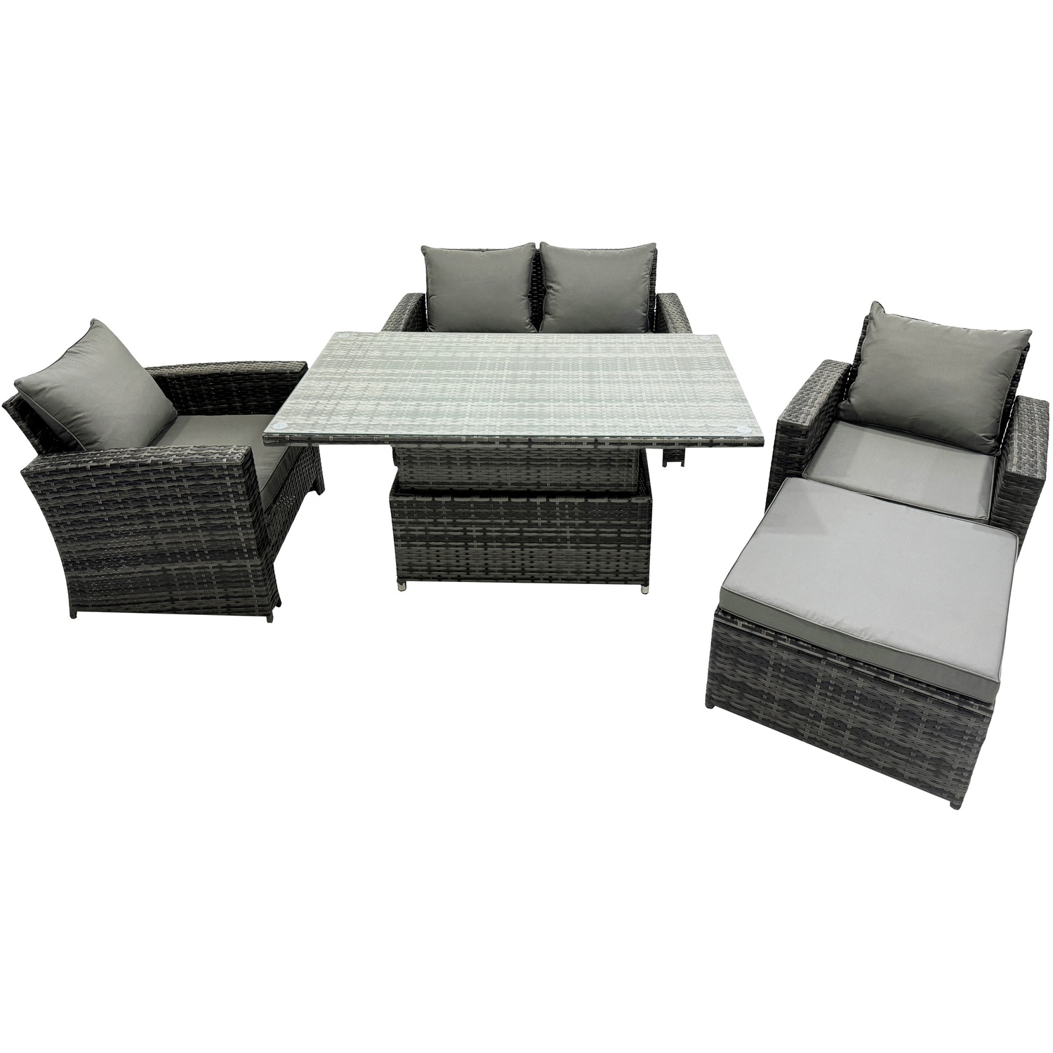 Fimous Dark/Grey Rattan Outdoor Furniture Adjustable Rising Lifting Rectangle Dining Table Chairs Two Seater Love Sofa Sets Big Footstools 5 Seater - Image 2