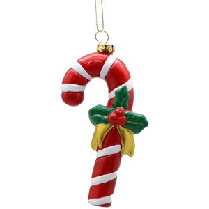 Red and White Candy Cane with Holly Hanging Ornament Pack of 6
