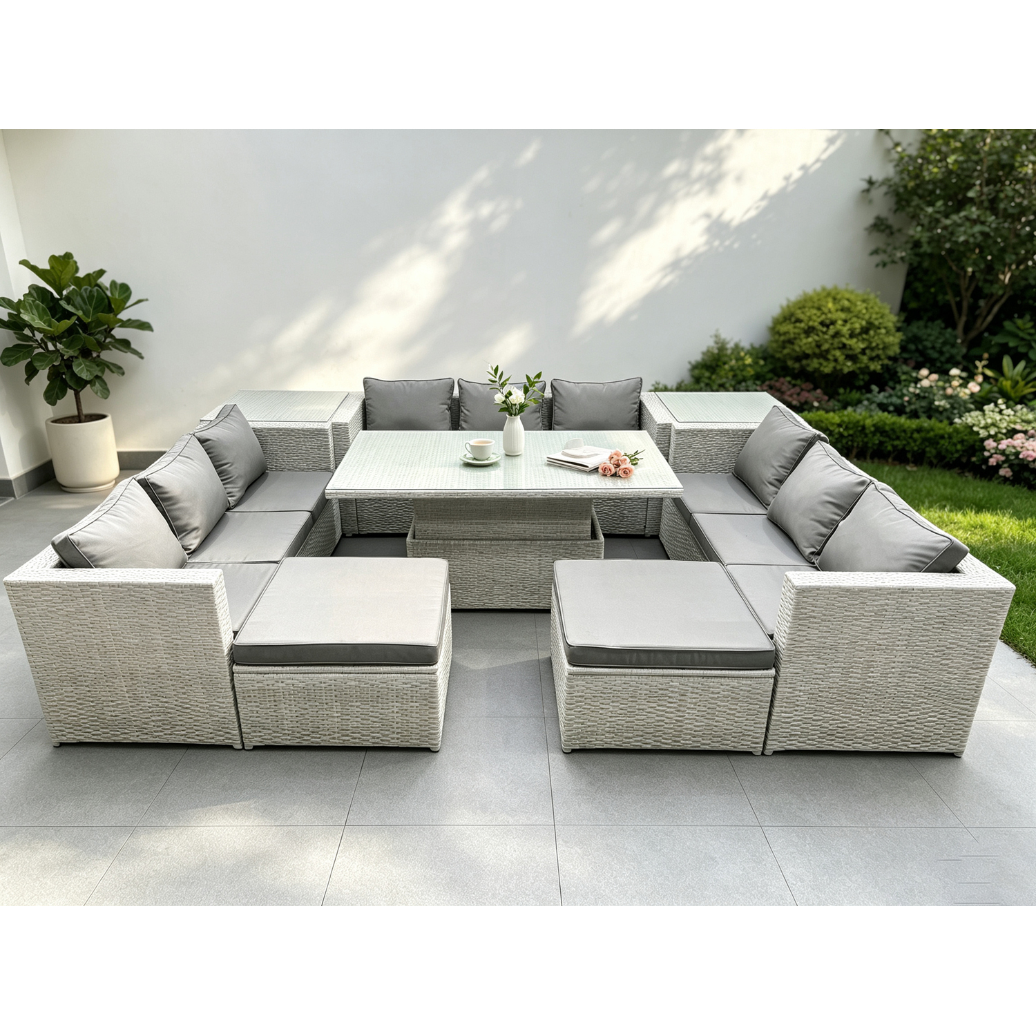 B&Q - 11 Seater Pe Rattan Garden Funiture Set Adjustable Rising Lifting Table Sofa Dining Set With 2 Side Tables - Image 2