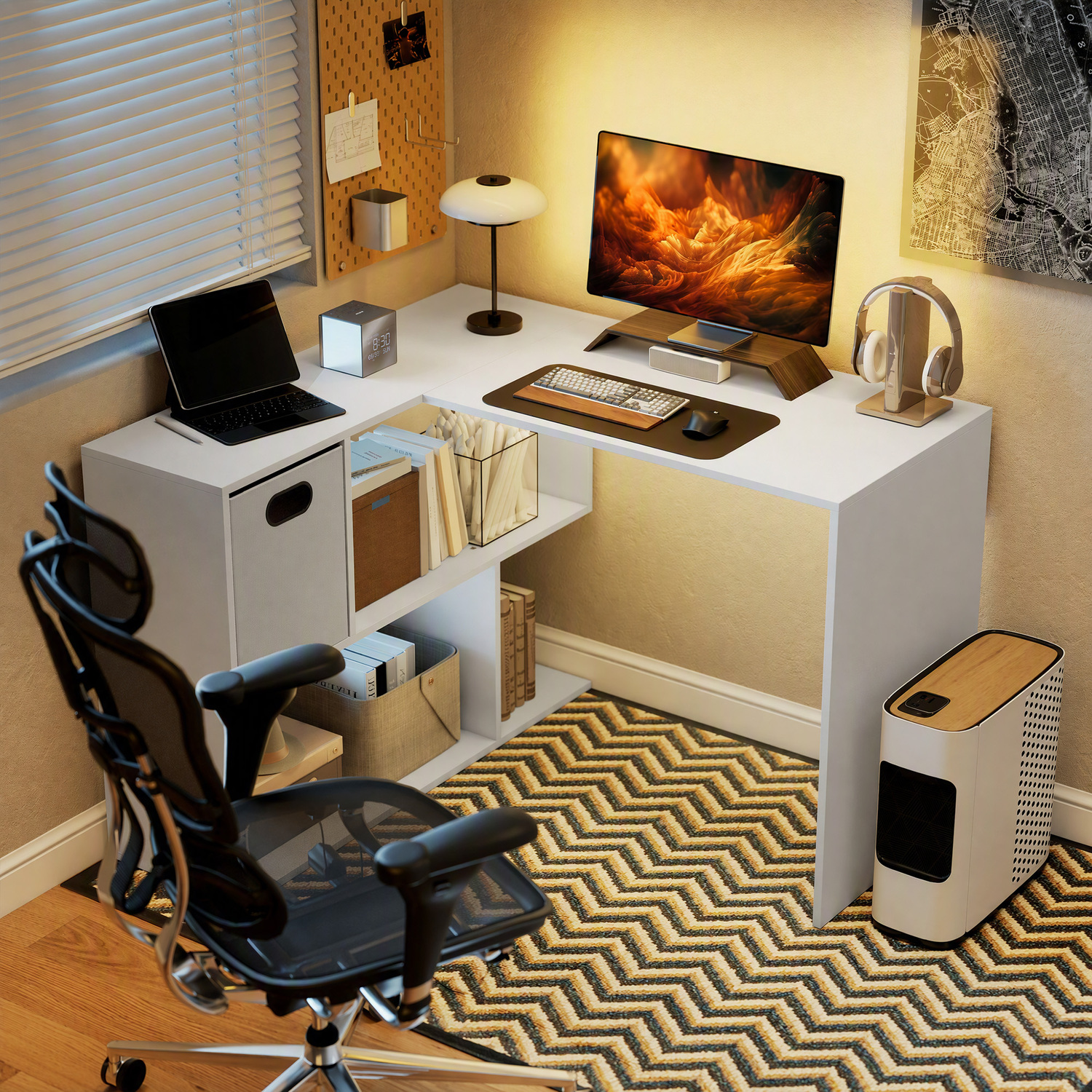 Homcom 110 Cm L-Shaped Desk, Small Computer Desk With Fabric Drawer - White - Image 1