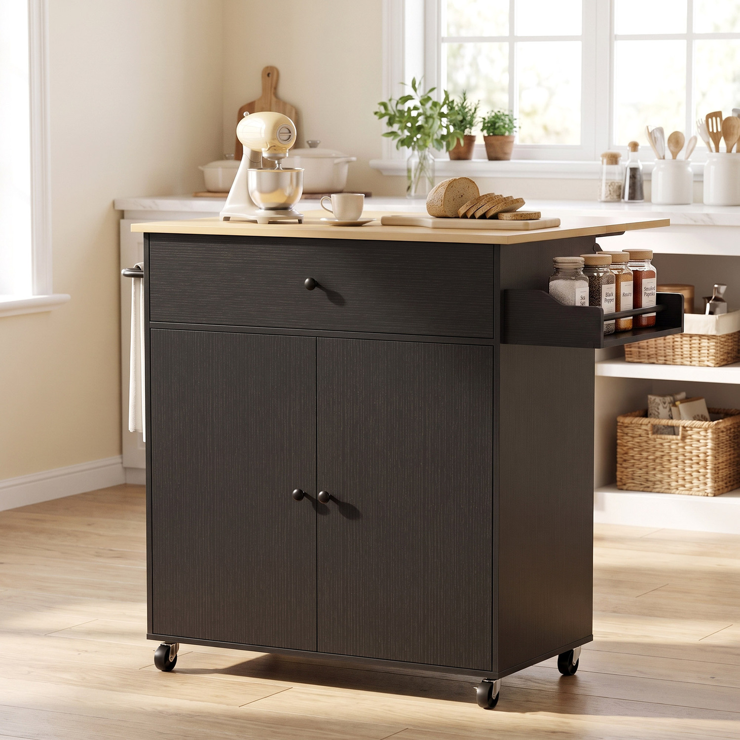 Homcom Unisex Black Kitchen Island With Drop Leaf, Rolling Kitchen Storage Trolley, - Image 5