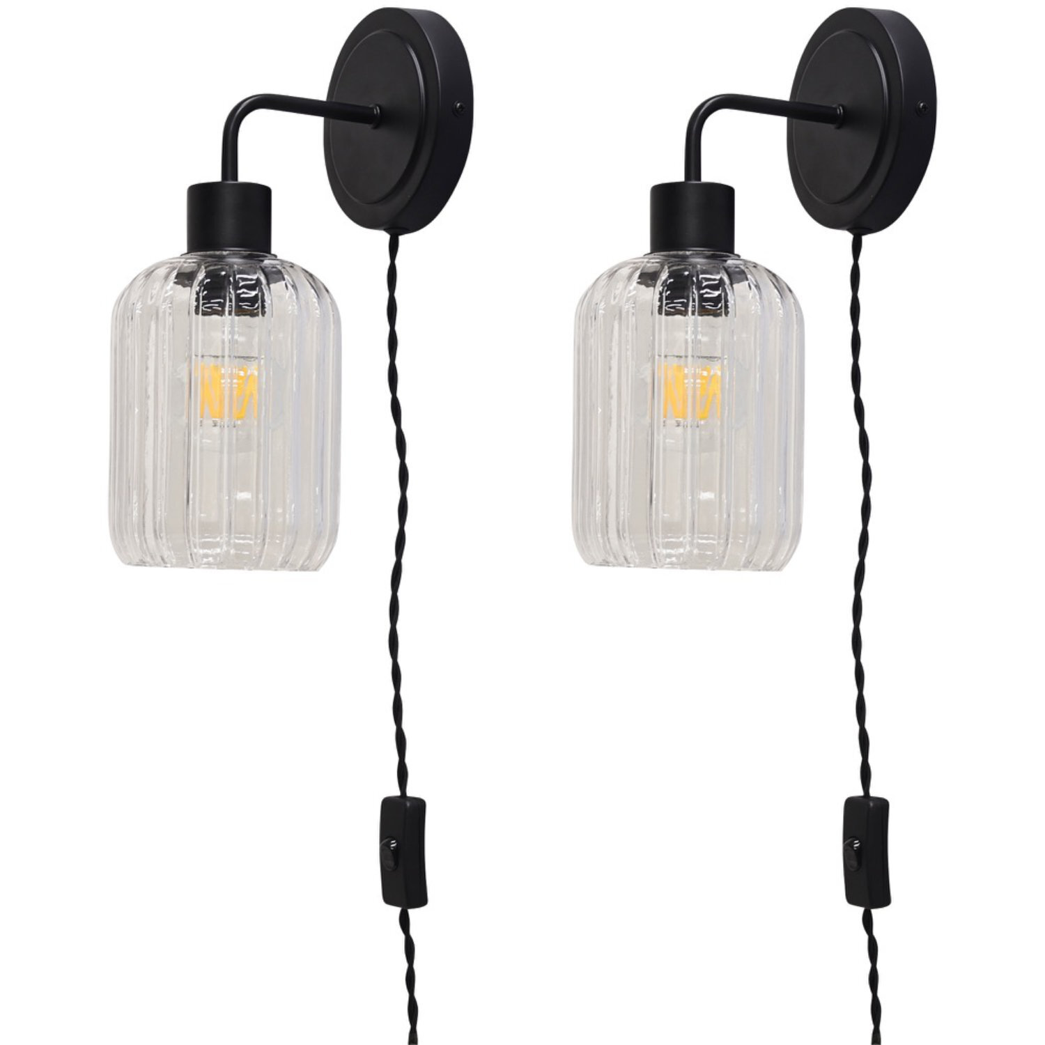 First Choice Lighting Set Of 2 Toby Black Plug In Wall Lights Ribbed Glass Shades - Black & Clear