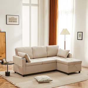 Beige 3 Seater L-Shaped Pull-Out Sofa Bed with Storage