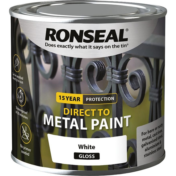 Direct to Metal Paint White Gloss 250ml by Ronseal.