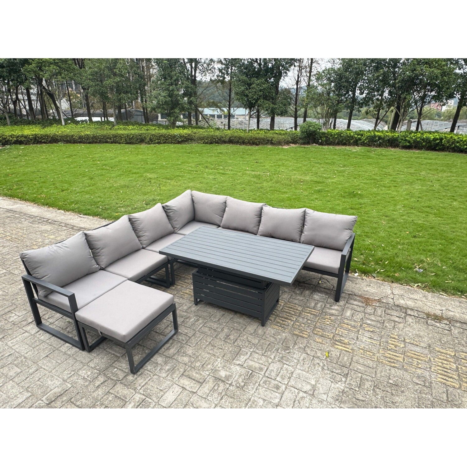 Fimous Aluminum 7 Piece 8-Seater Sofa Set With Rising Table & Cushions - Dark Grey - Image 1