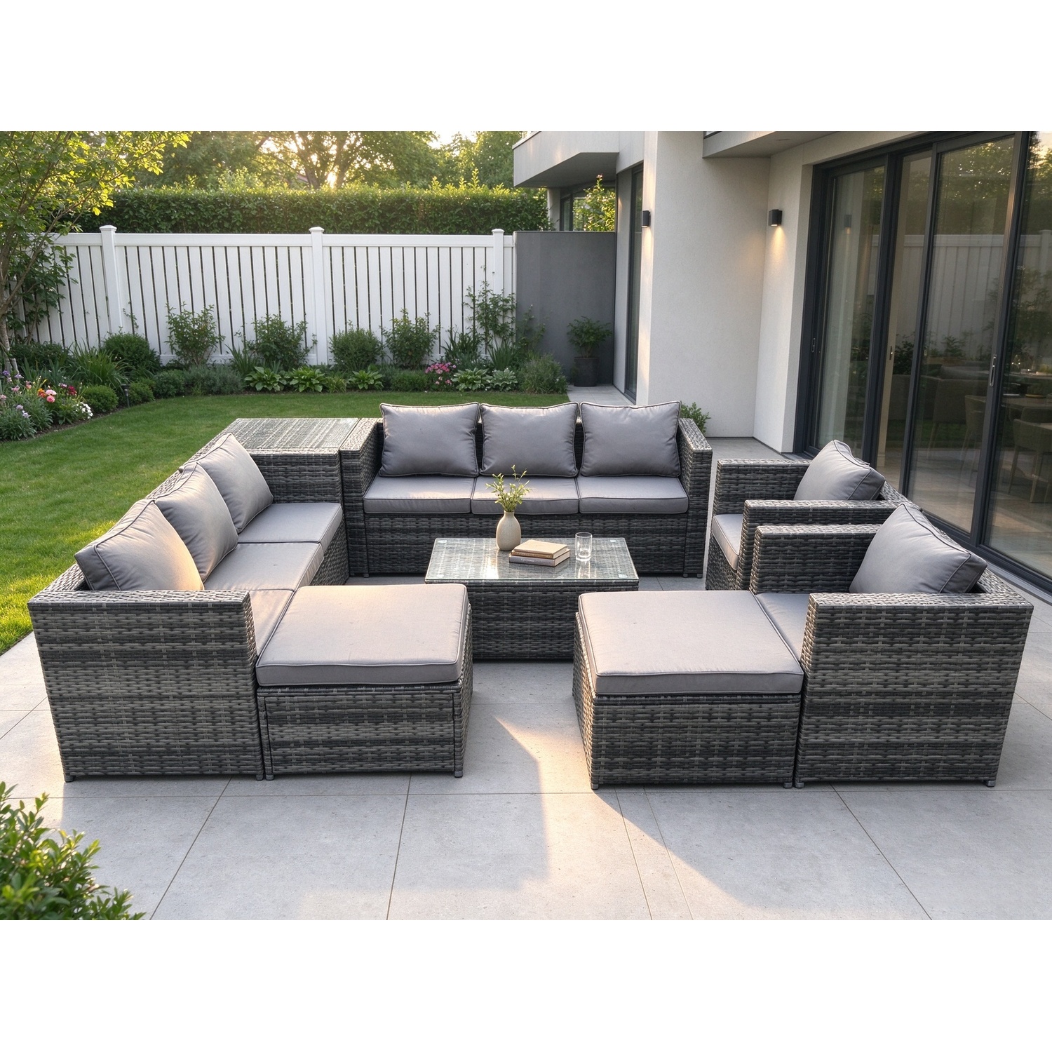Rackhams Dark/Grey Rattan Garden Furniture Dining Set 10 Seater Patio Coffee Table Sofa Set With 2 Big Stools Side Table Mixed - Image 2
