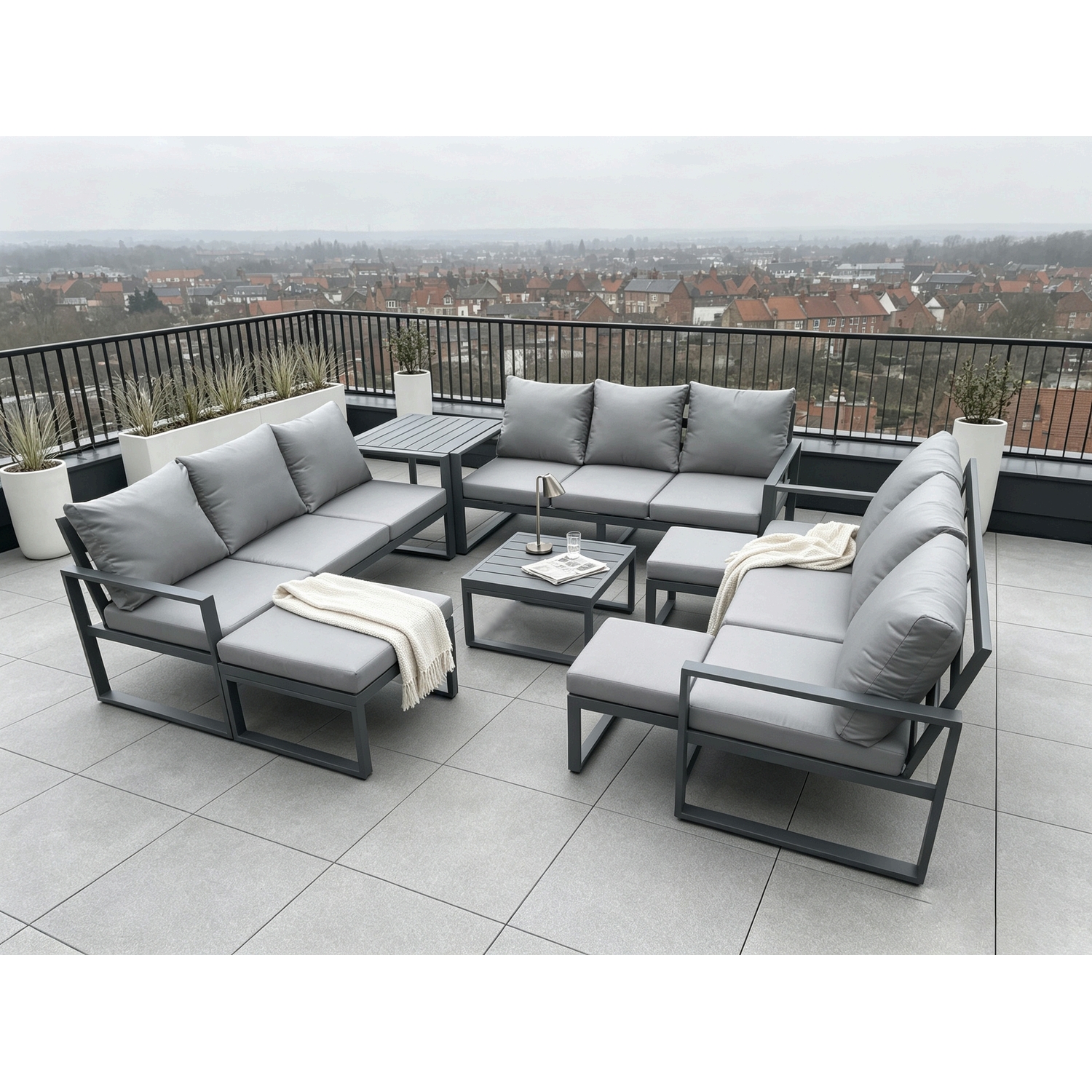 Fimous Aluminium Outdoor Garden Furniture Set Patio Lounge Sofa With Square Coffee Table 3 Footstools Conservatory Set Dark Grey - Image 3