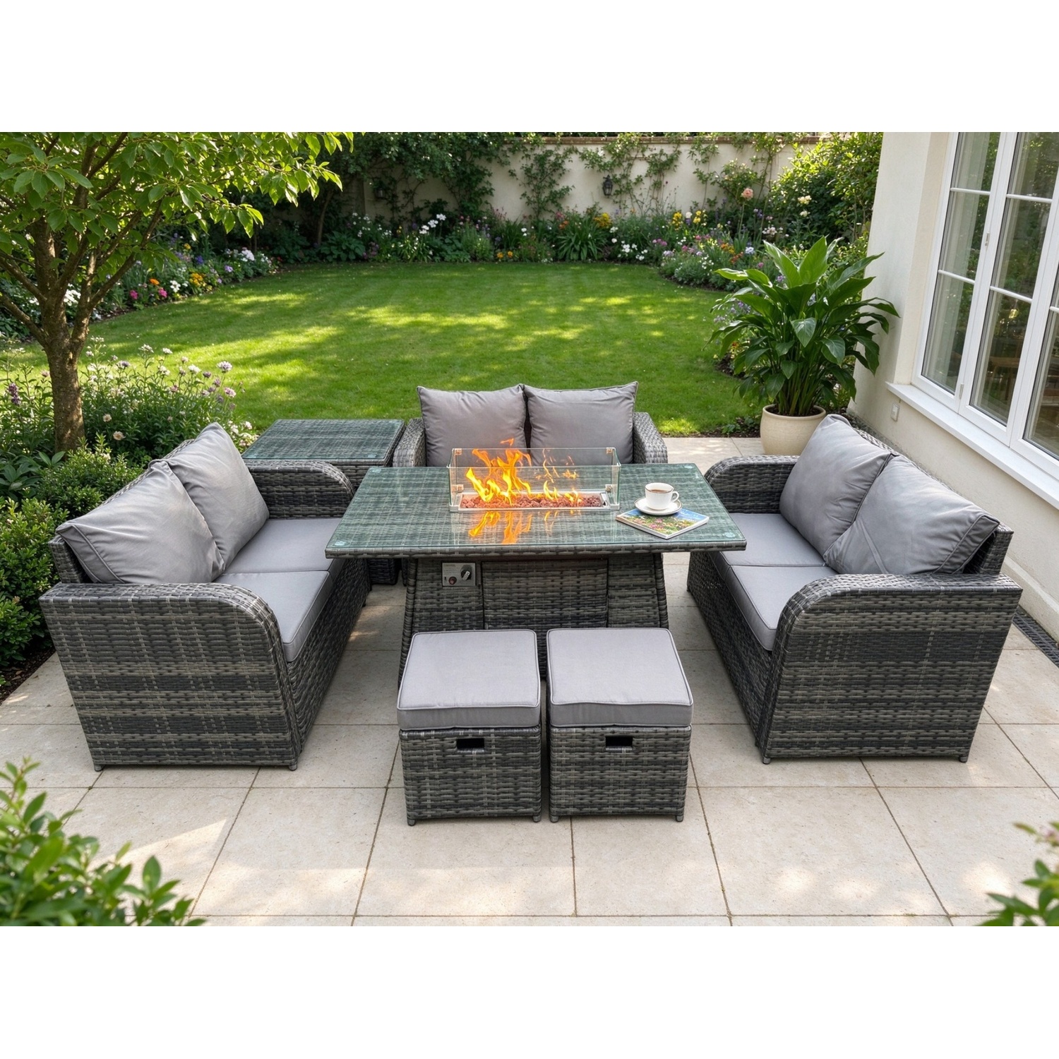 Fimous Rattan Love Sofa Fire Pit Set With Side Tables & 2 Footstools - Dark Grey - Image 1