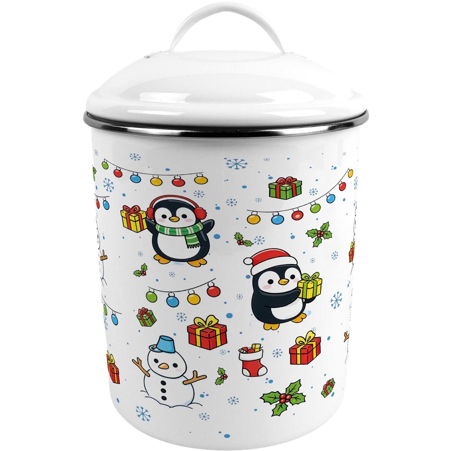 Christmas Penguins Storage Tin - Large Kitchen Canister with Handle - Image 2