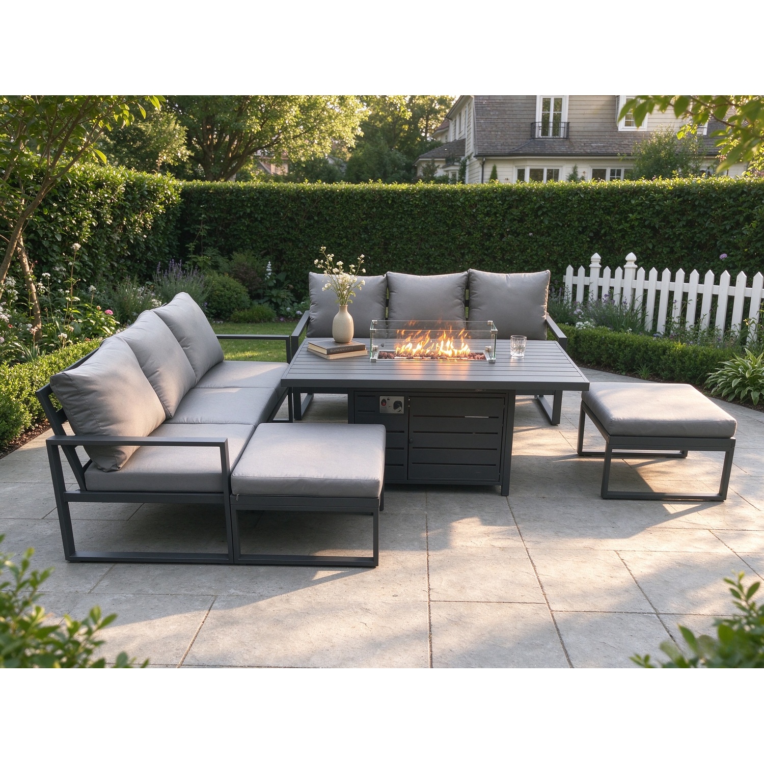 Rackhams Dark/Grey 8 Seater Aluminium Outdoor Garden Furniture Set With Gas Fire Pit Dining Table, 2 Sofas, 2 Footstools - Image 2